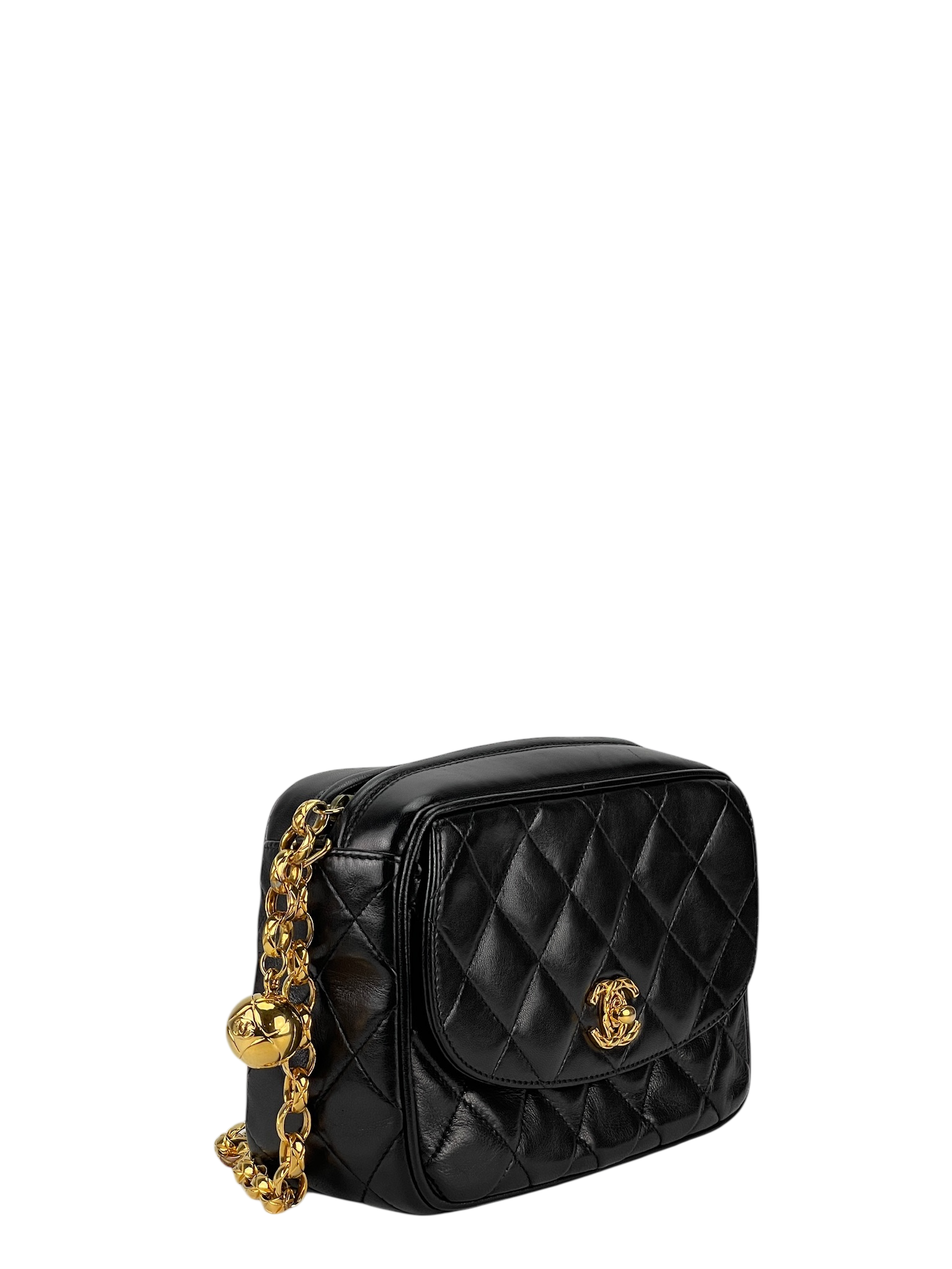 CHANEL - Black Lambskin Chanel Matelasse Chain Gold Hardware Shoulder Bag