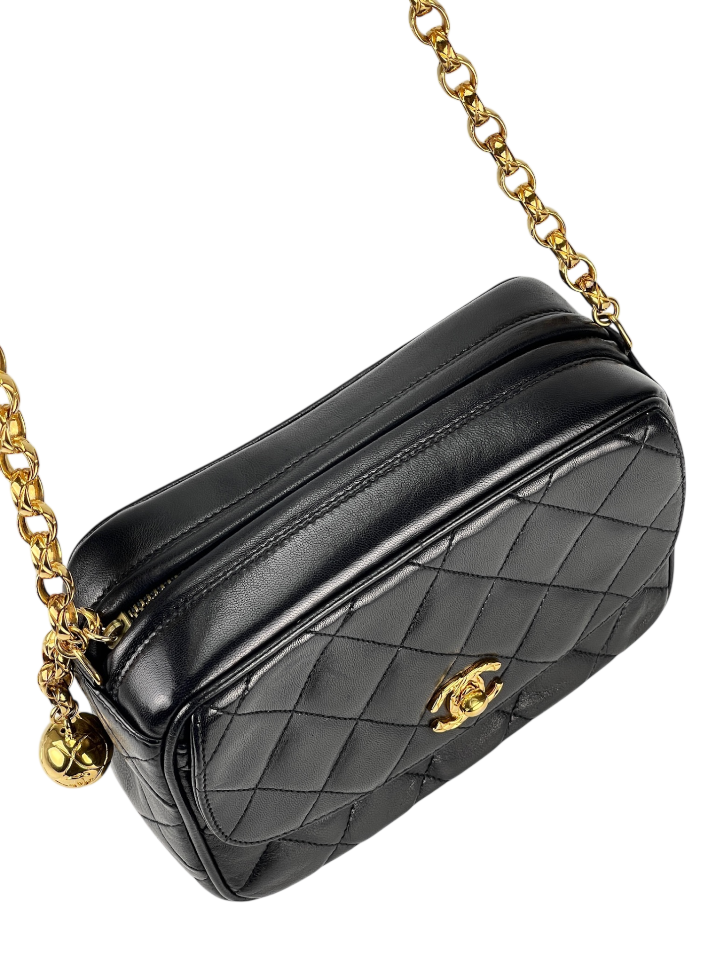 CHANEL - Black Lambskin Chanel Matelasse Chain Gold Hardware Shoulder Bag