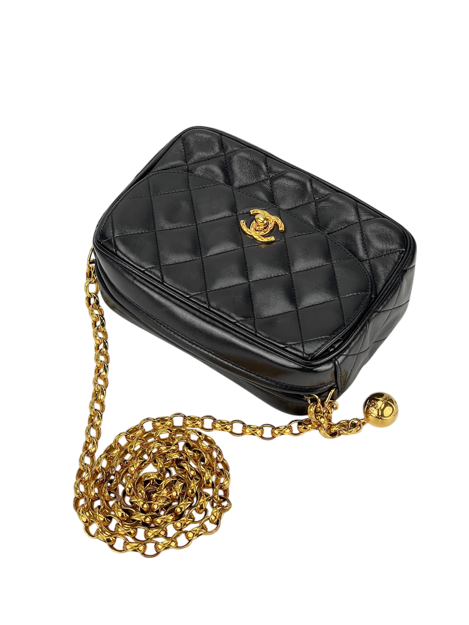 CHANEL - Black Lambskin Chanel Matelasse Chain Gold Hardware Shoulder Bag