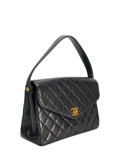 CHANEL - Lambskin Quilted CC Flap Shoulder Bag Black