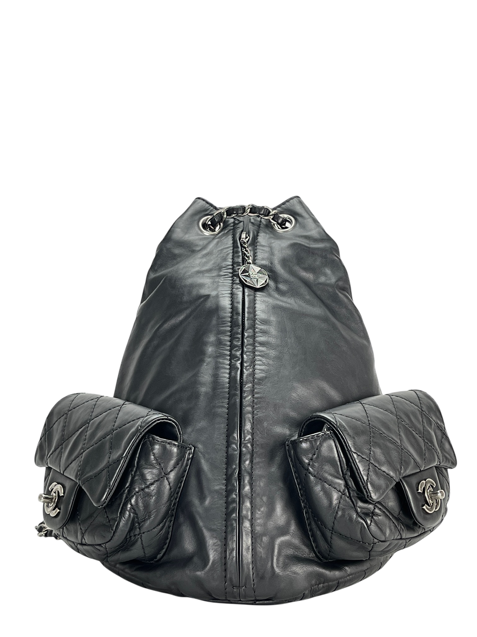 CHANEL - Black Lambskin Gunmetallic Hardware Matelasse Backpack 