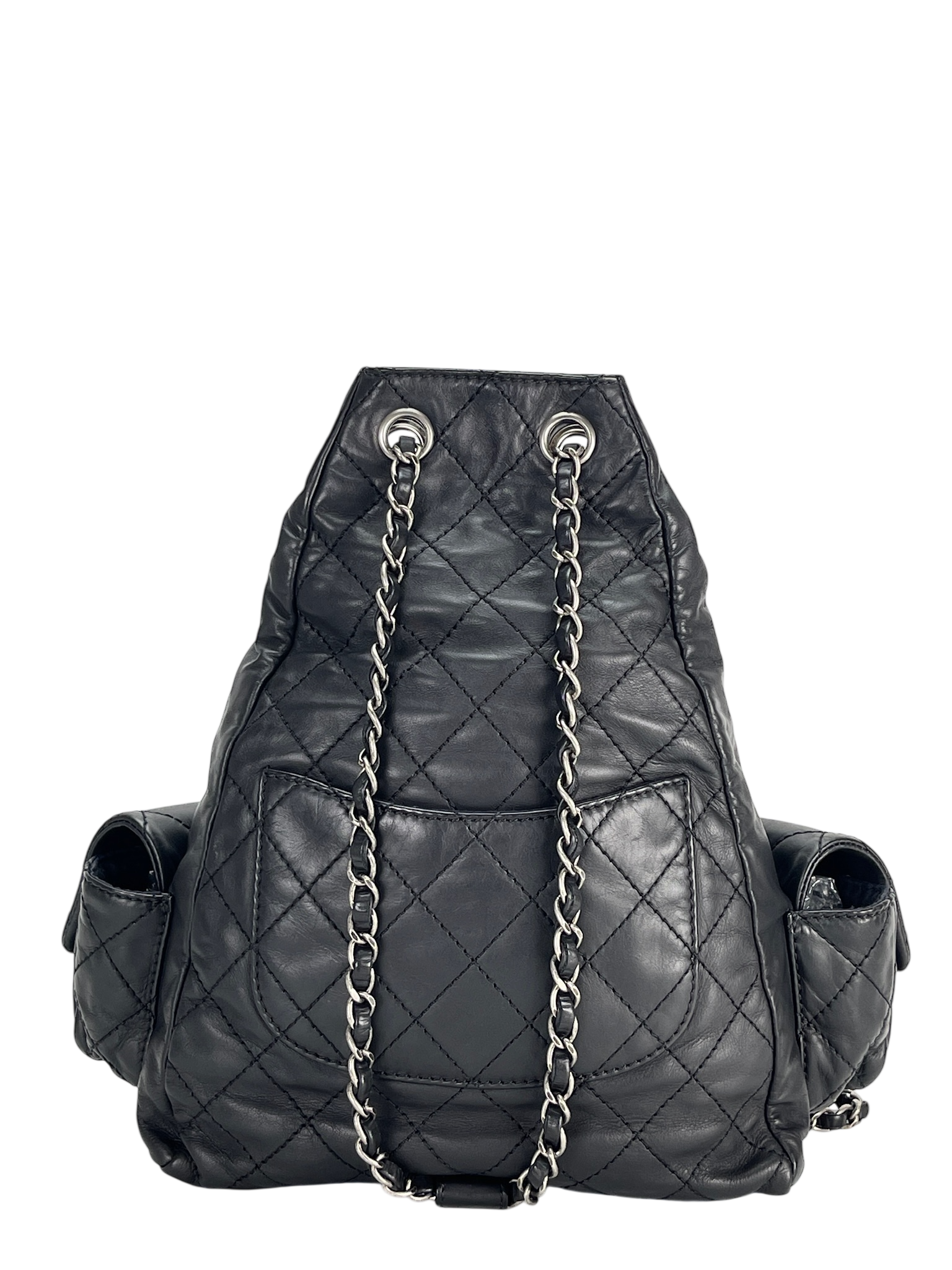 CHANEL - Black Lambskin Gunmetallic Hardware Matelasse Backpack 