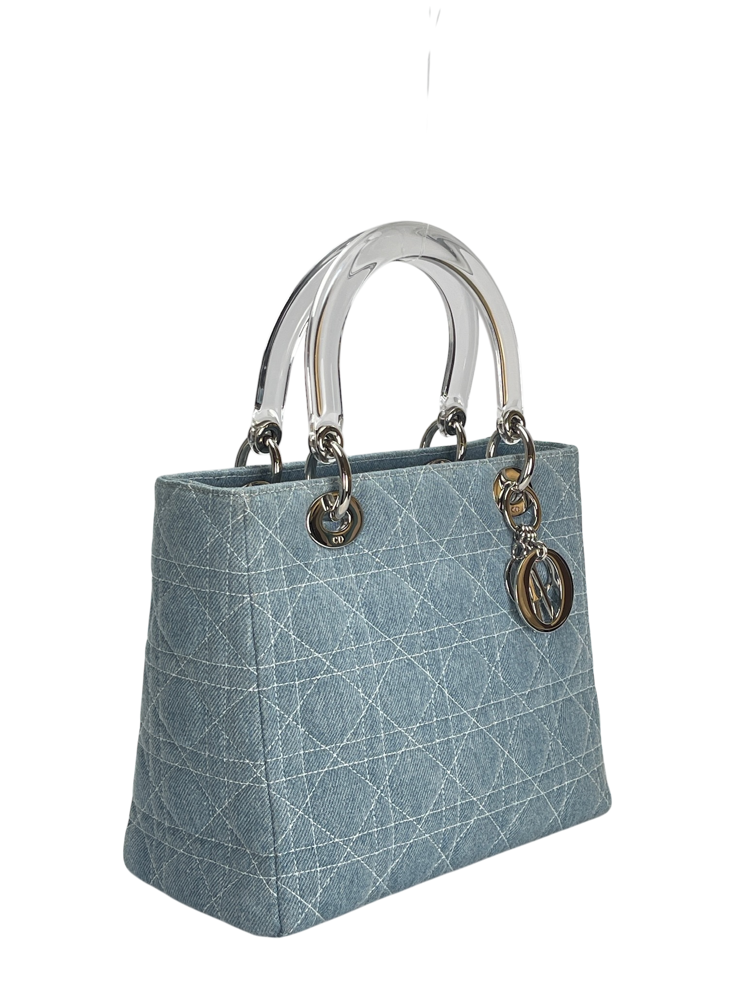 CHRISTIAN DIOR - Lady Dior Cannage Handbag 2WAY Shoulder Bag Denim Light Blue Clear