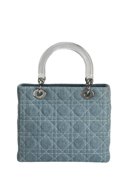 CHRISTIAN DIOR - Lady Dior Cannage Handbag 2WAY Shoulder Bag Denim Light Blue Clear