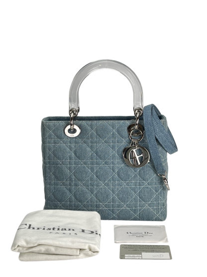 CHRISTIAN DIOR - Lady Dior Cannage Handbag 2WAY Shoulder Bag Denim Light Blue Clear