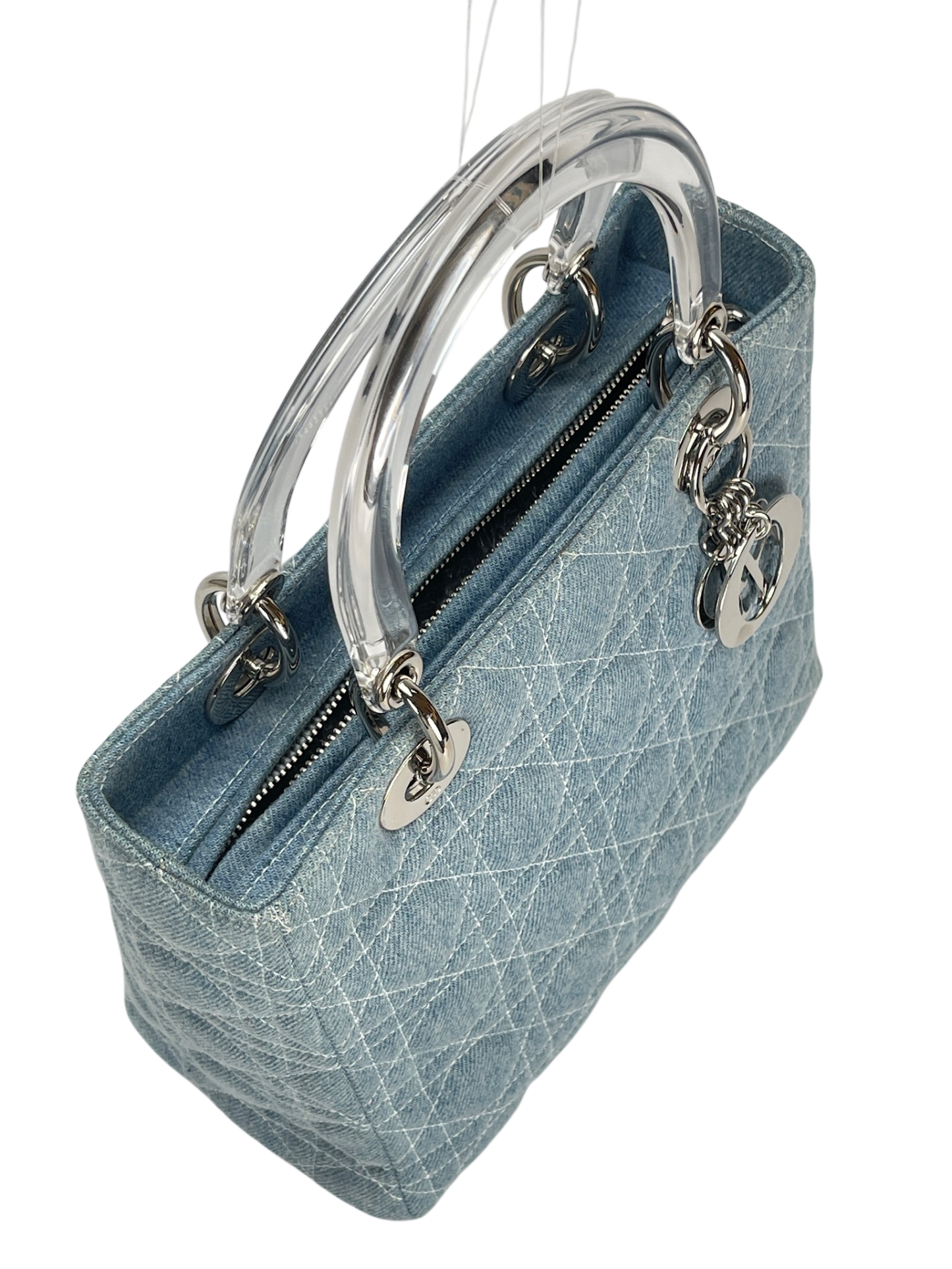 CHRISTIAN DIOR - Lady Dior Cannage Handbag 2WAY Shoulder Bag Denim Light Blue Clear