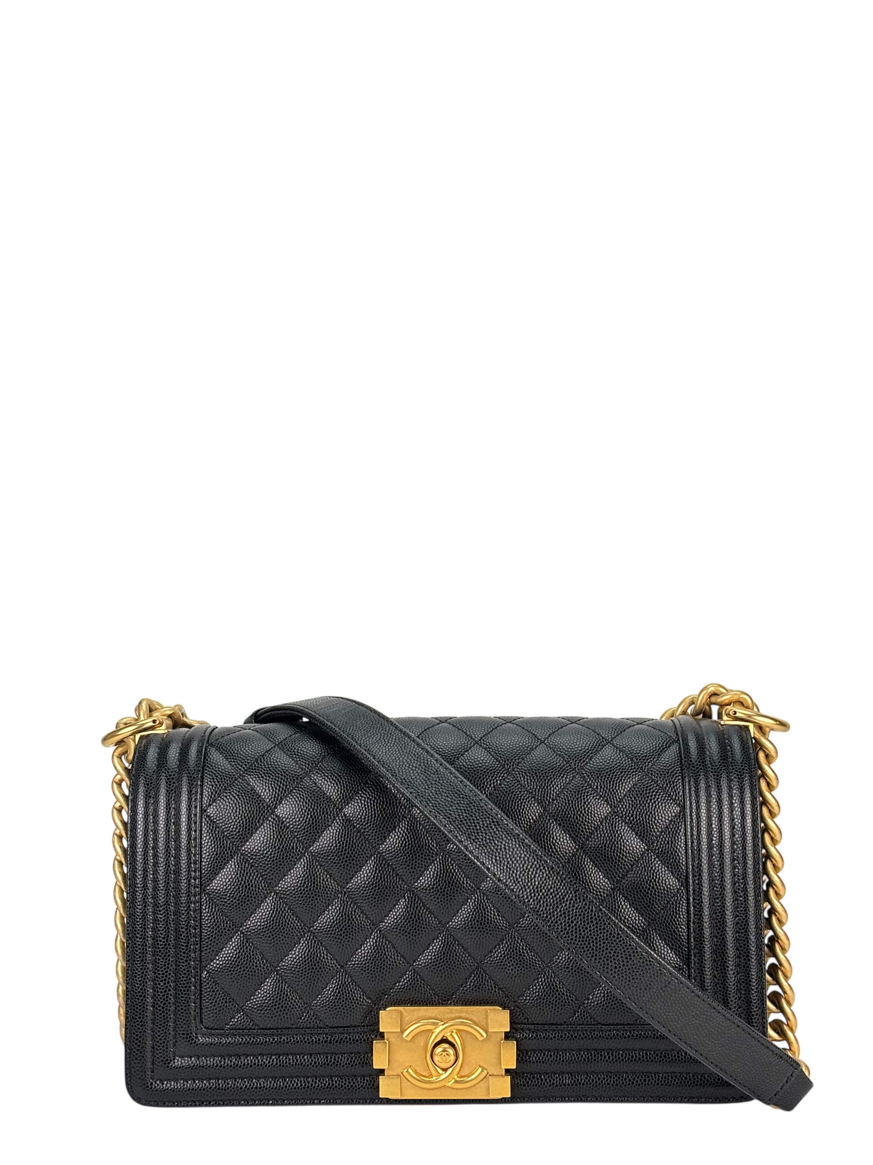 CHANEL - Black Caviar Quilted Medium Boy Flap Black Gold Hardware