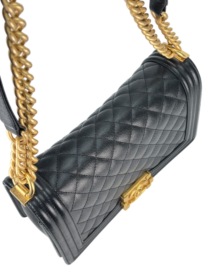 CHANEL - Black Caviar Quilted Medium Boy Flap Black Gold Hardware