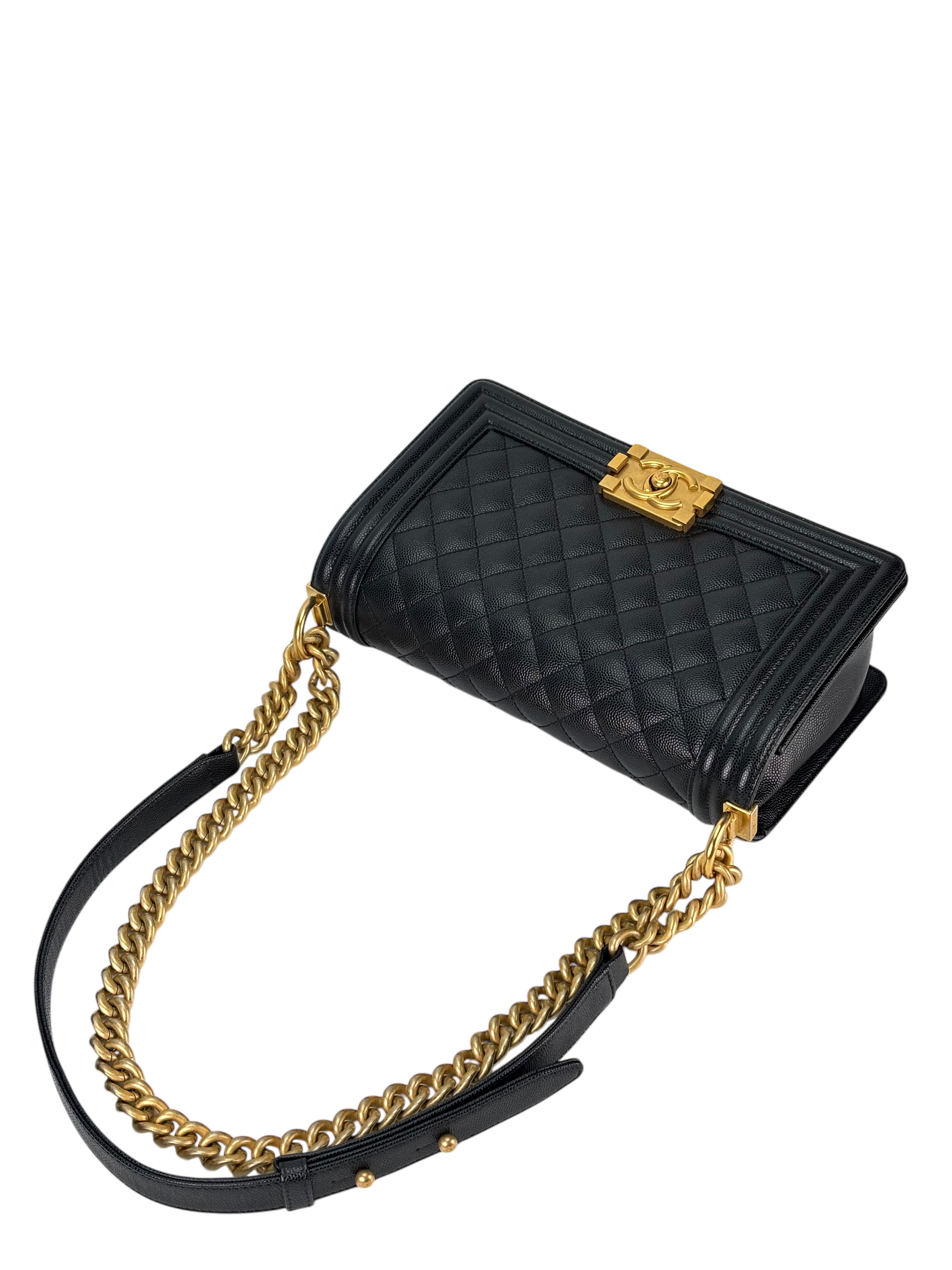 CHANEL - Black Caviar Quilted Medium Boy Flap Black Gold Hardware