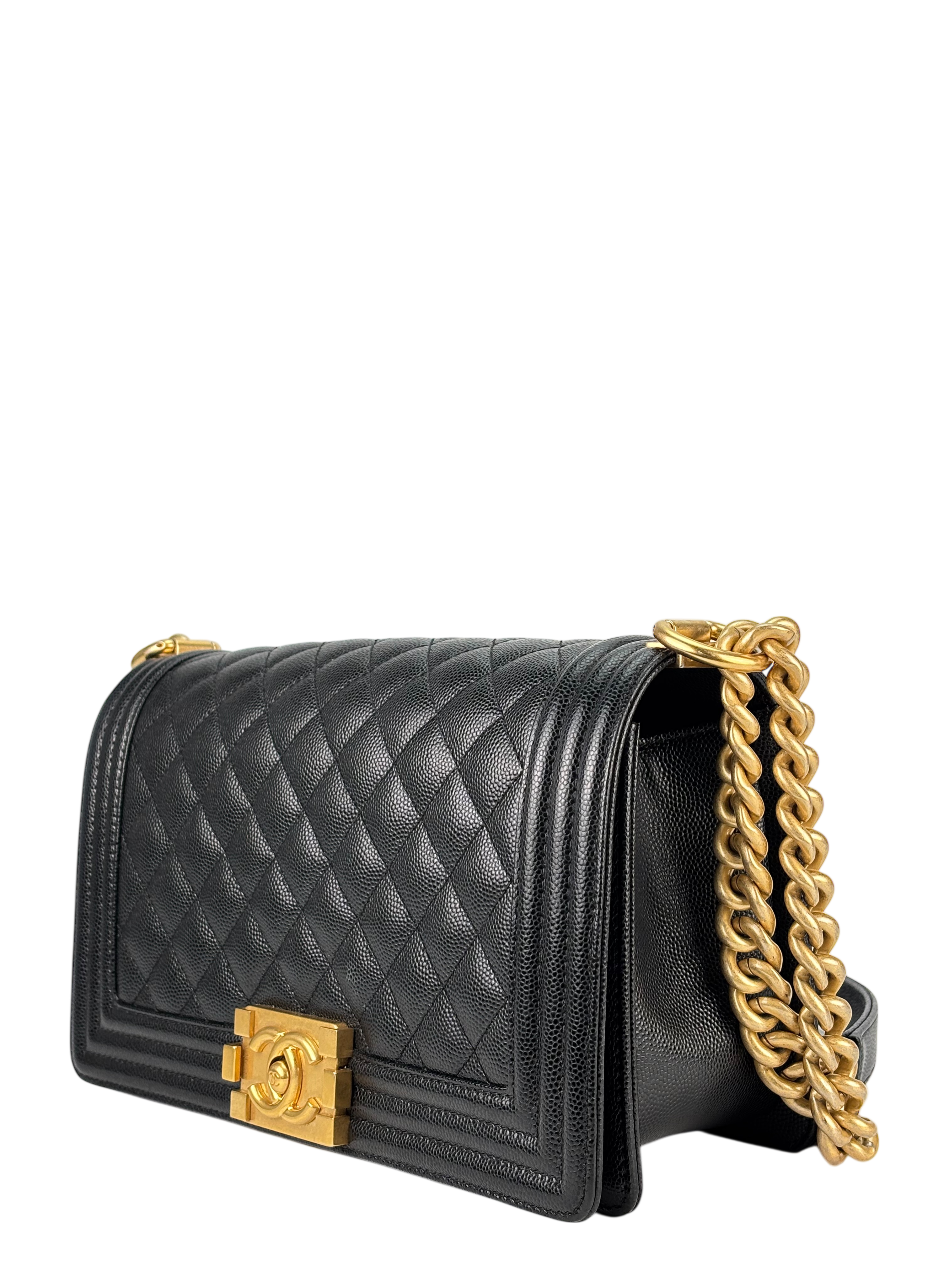CHANEL - Black Caviar Quilted Medium Boy Flap Black Gold Hardware