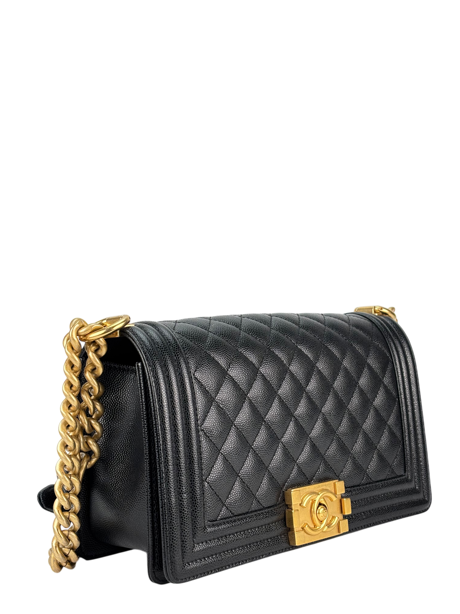 CHANEL - Black Caviar Quilted Medium Boy Flap Black Gold Hardware