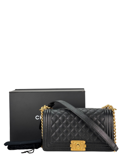 CHANEL - Black Caviar Quilted Medium Boy Flap Black Gold Hardware