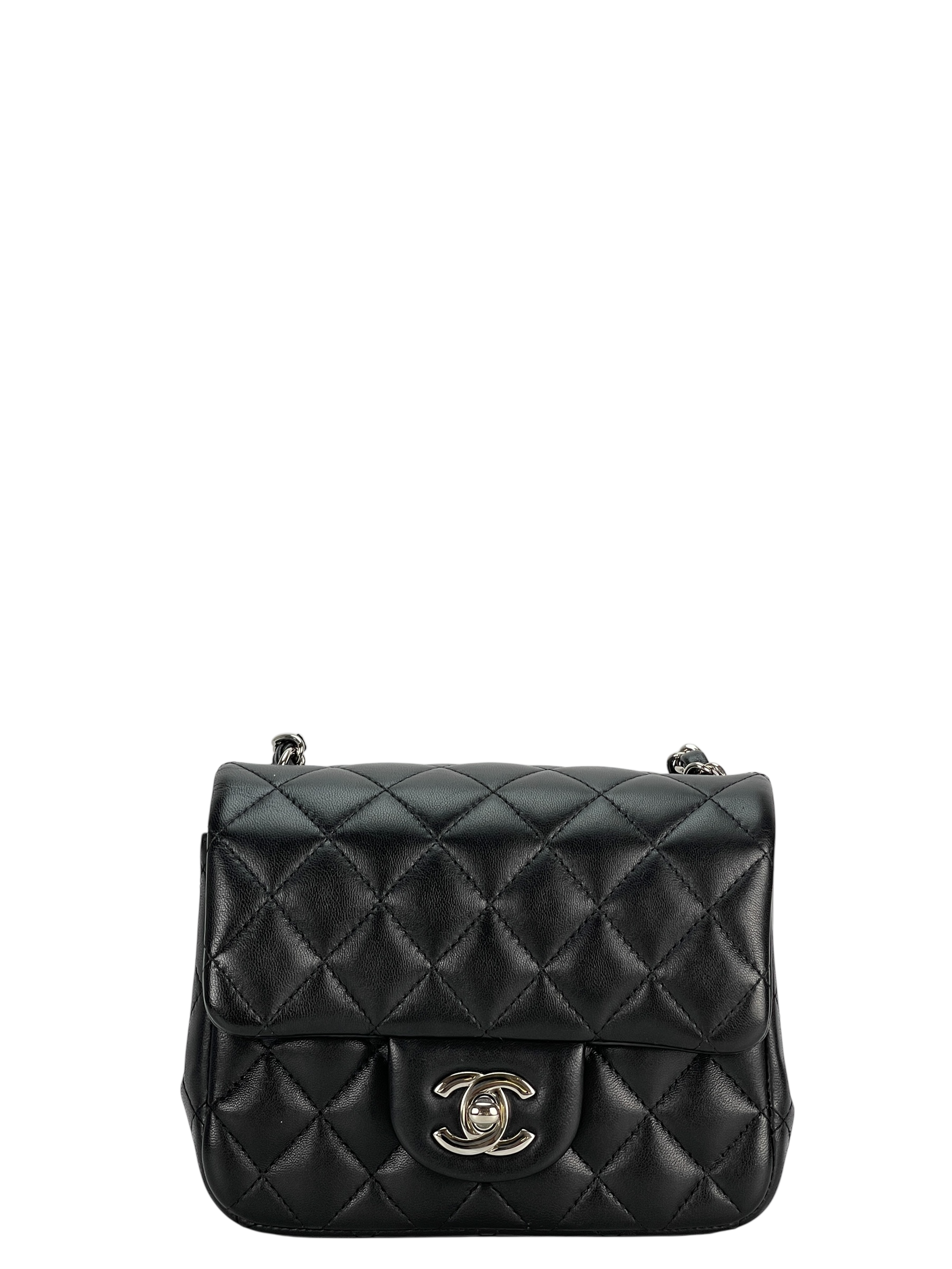 CHANEL - Black Quilted Lambskin Mini Square Classic Flap Bag