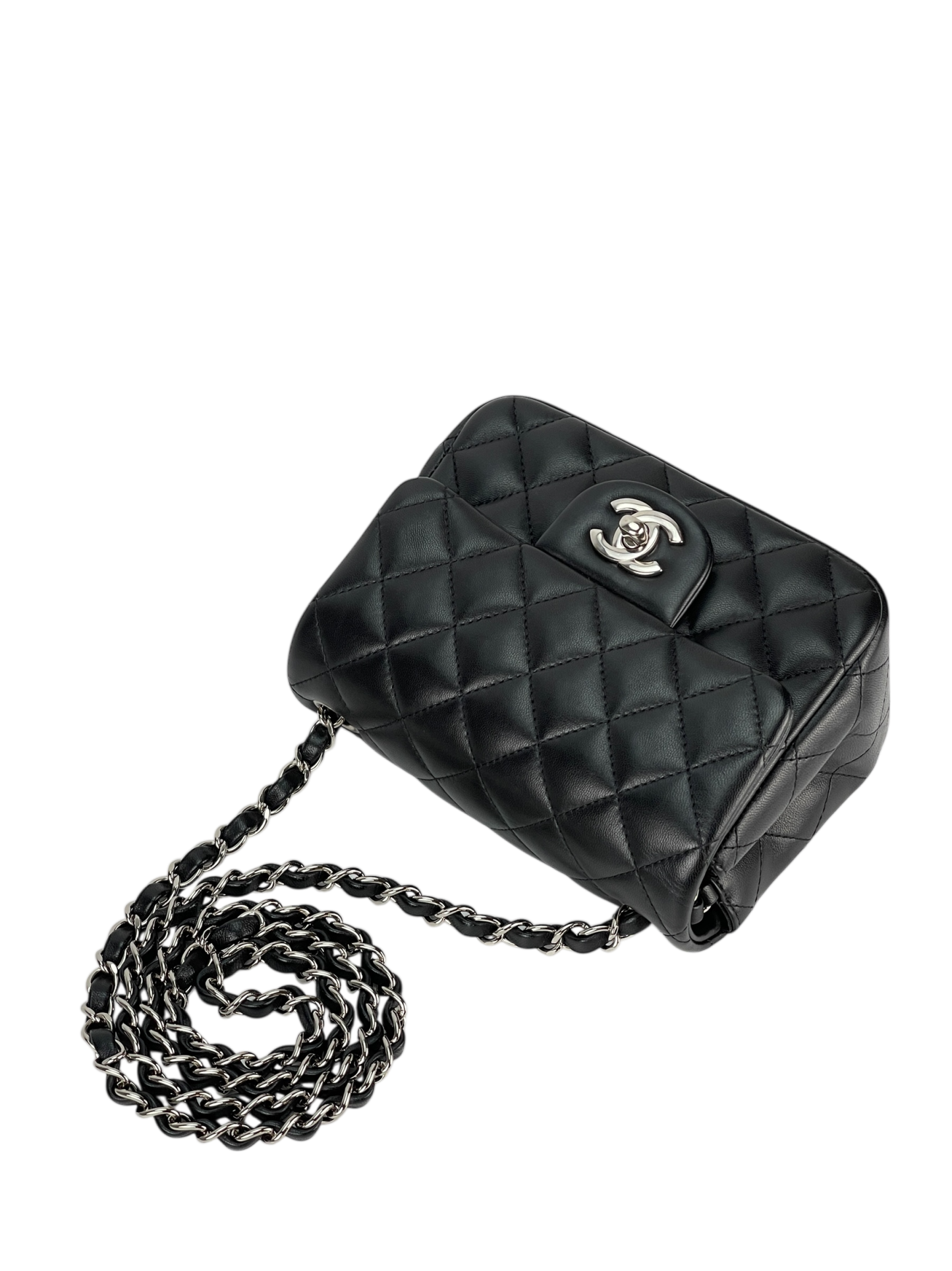 CHANEL - Black Quilted Lambskin Mini Square Classic Flap Bag