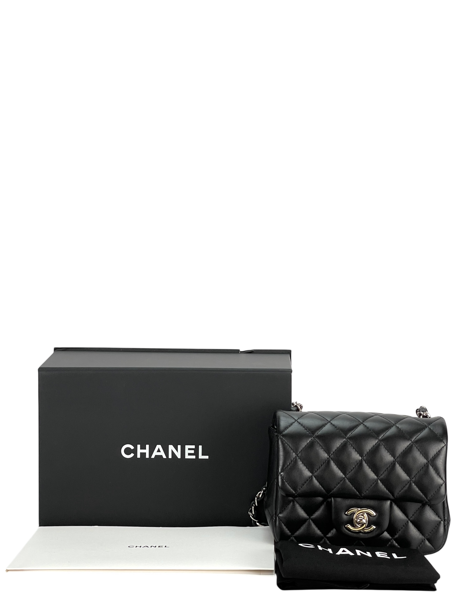 CHANEL - Black Quilted Lambskin Mini Square Classic Flap Bag