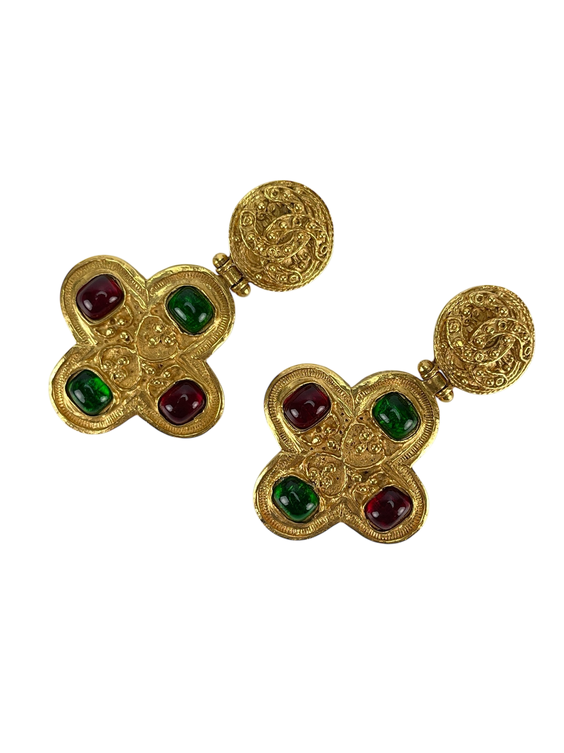 CHANEL - Gold Gripoix Logo Clip On Vintage Earrings