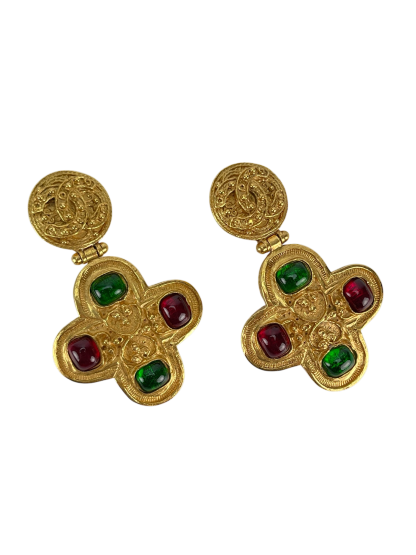 CHANEL - Gold  Gripoix Logo Clip On Vintage Earrings
