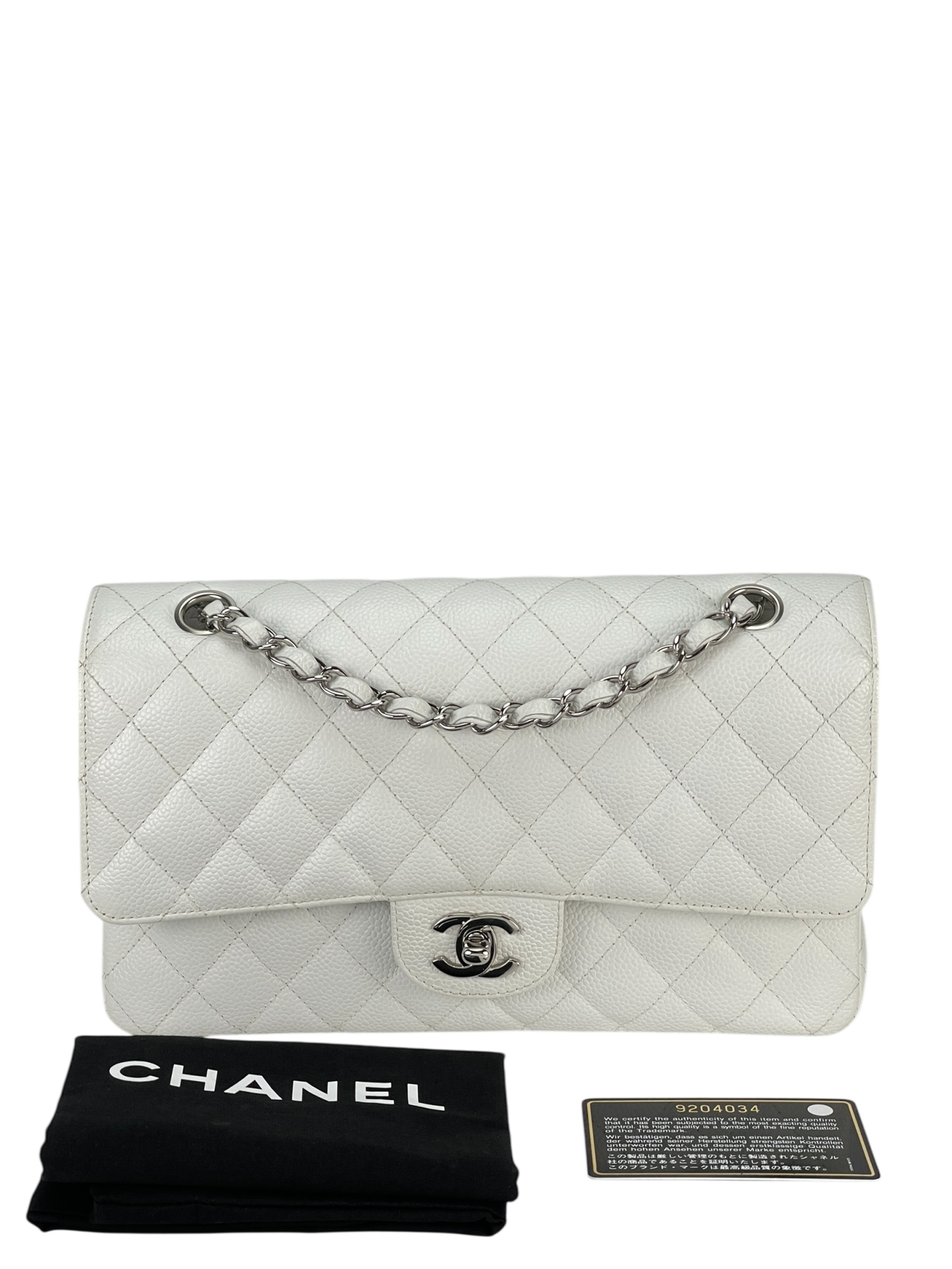 CHANEL - Medium Classic Double Flap Bag White Caviar Silver Hardware (CF25) 