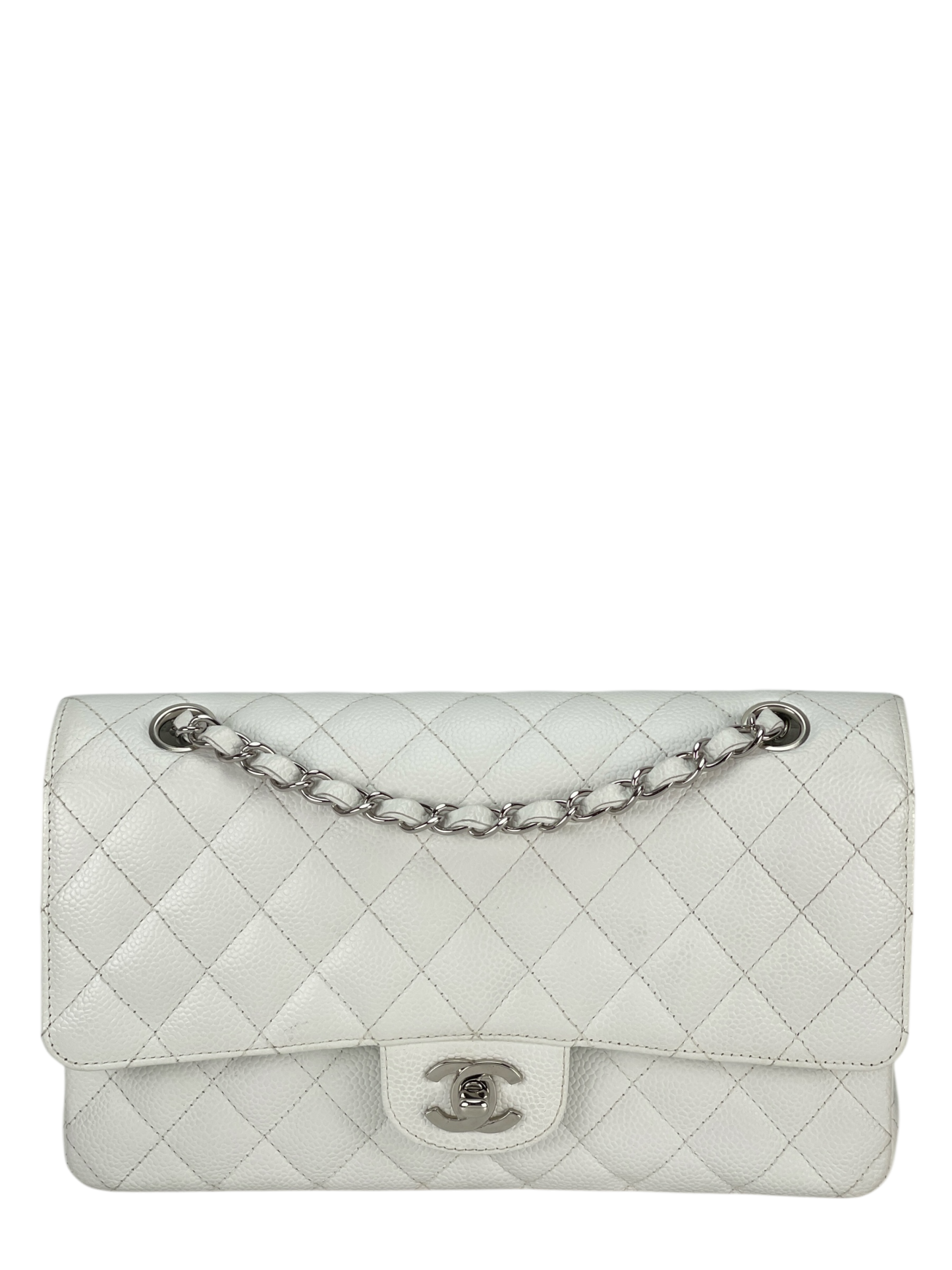 CHANEL - Medium Classic Double Flap Bag White Caviar Silver Hardware (CF25) 