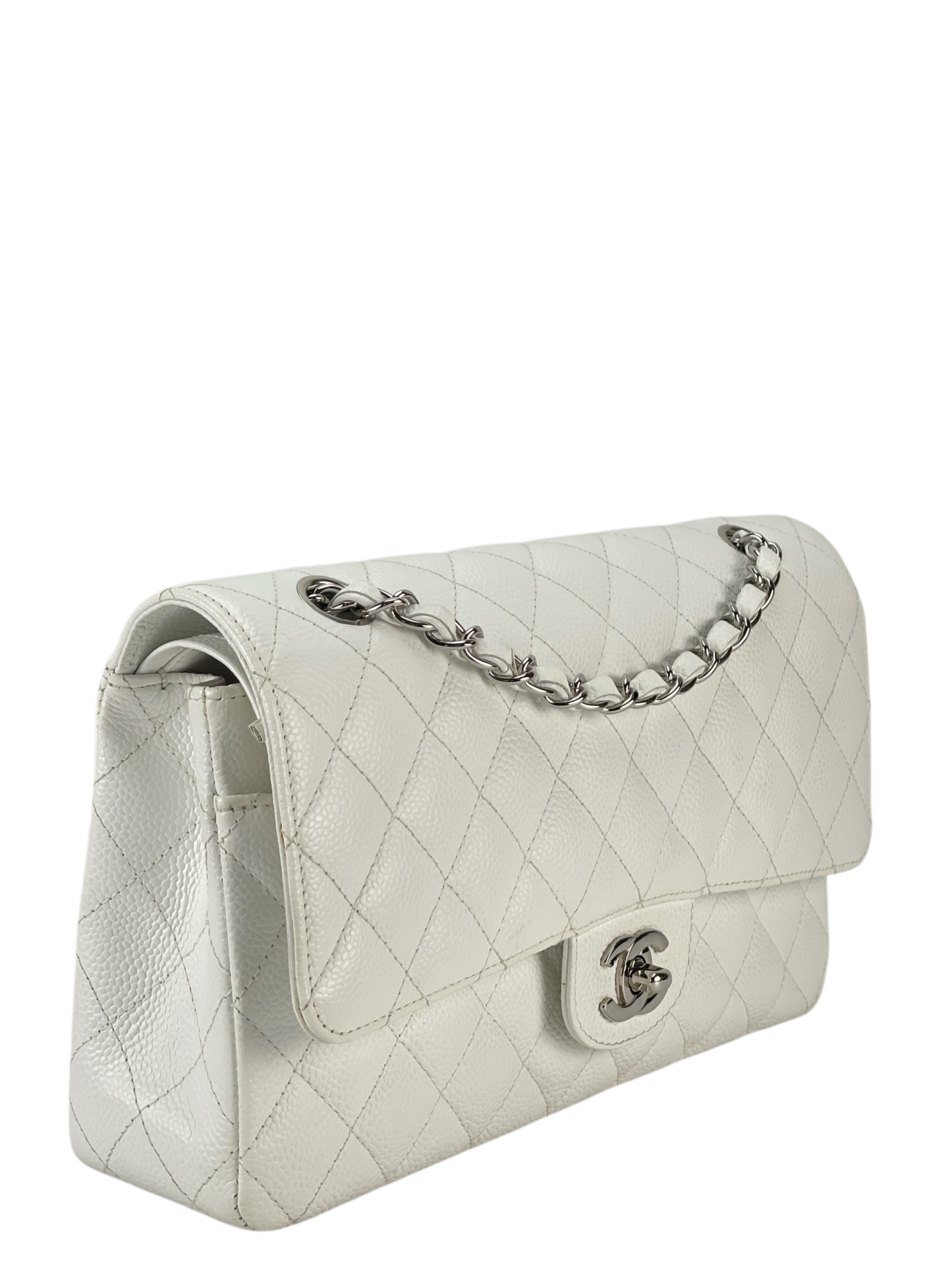 CHANEL - Medium Classic Double Flap Bag White Caviar Silver Hardware (CF25) 
