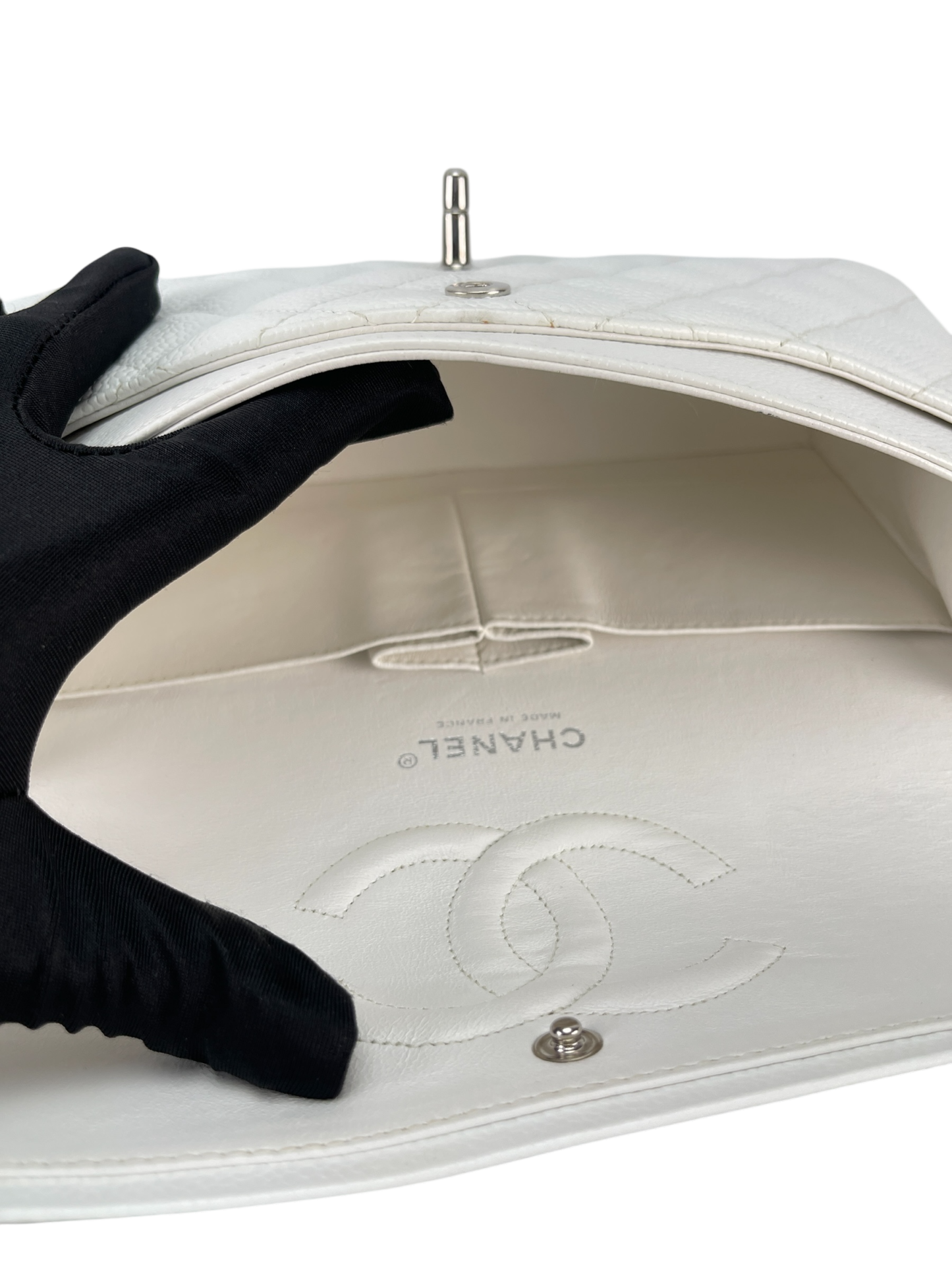 CHANEL - Medium Classic Double Flap Bag White Caviar Silver Hardware (CF25) 