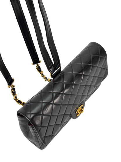 CHANEL - Black Lambskin Quilted Flap Backpack 