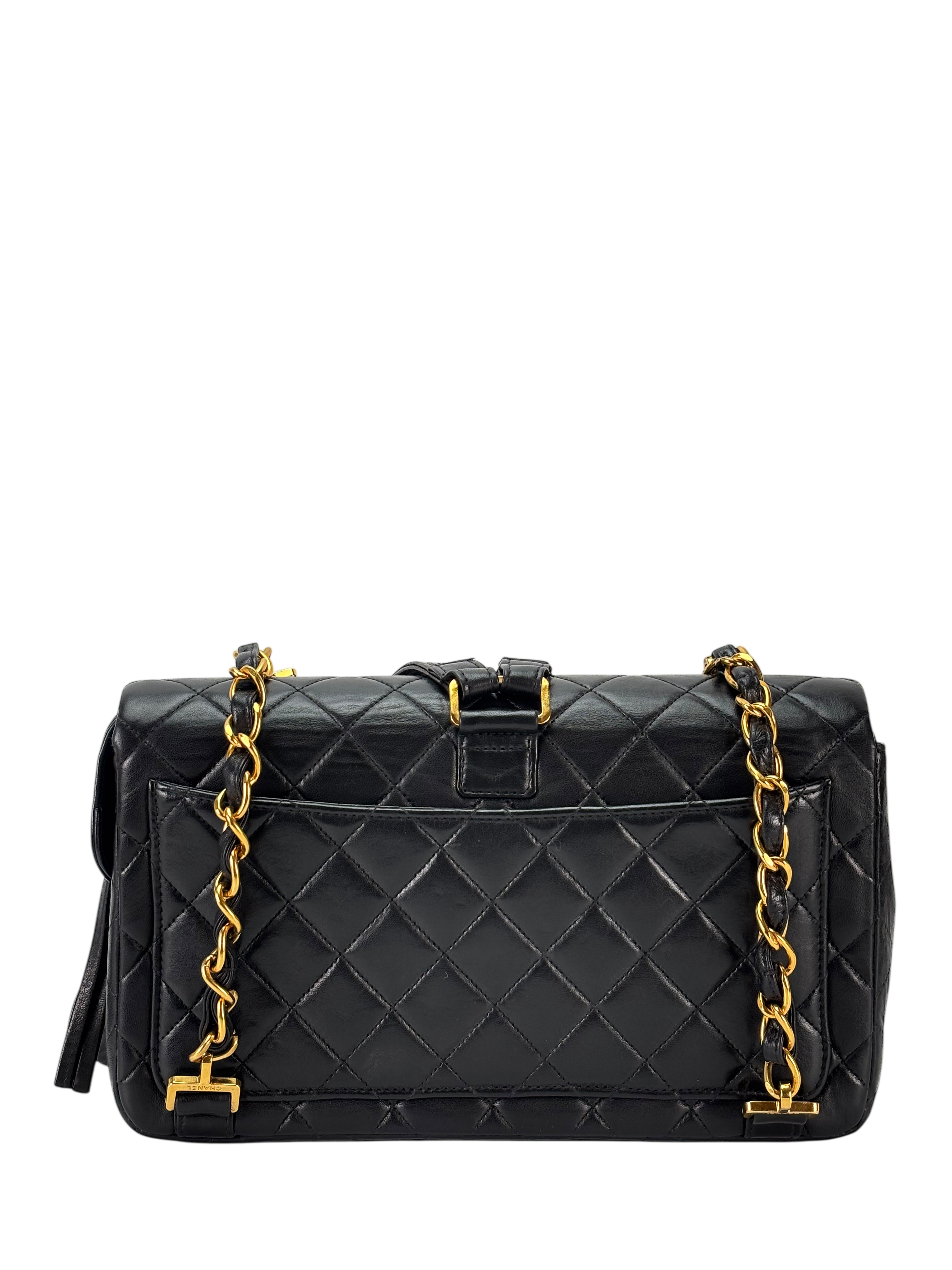 CHANEL - Black Lambskin Quilted Flap Backpack 