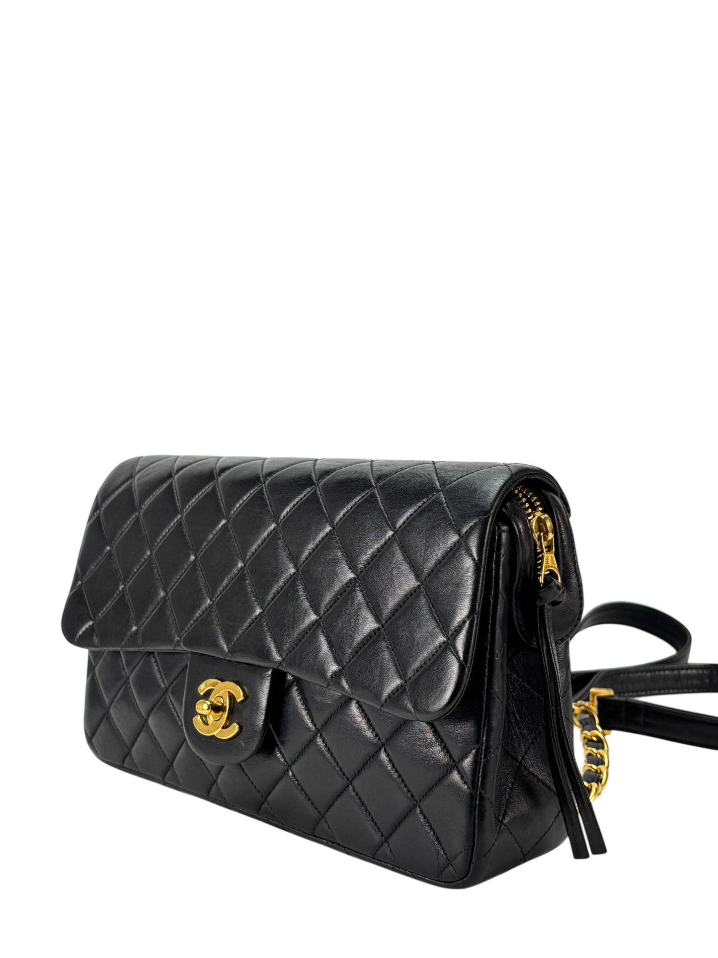 CHANEL - Black Lambskin Quilted Flap Backpack 