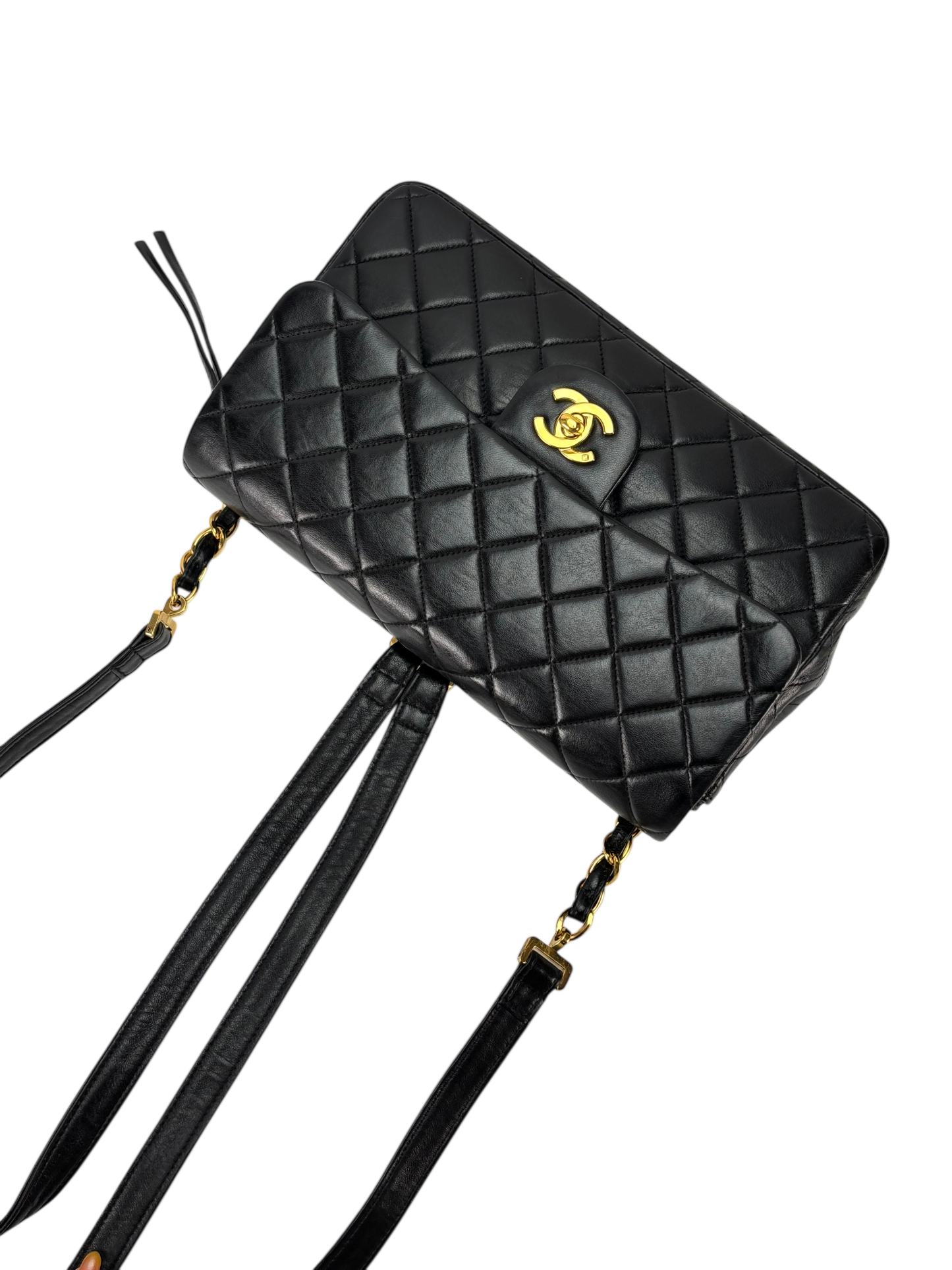 CHANEL - Black Lambskin Quilted Flap Backpack 