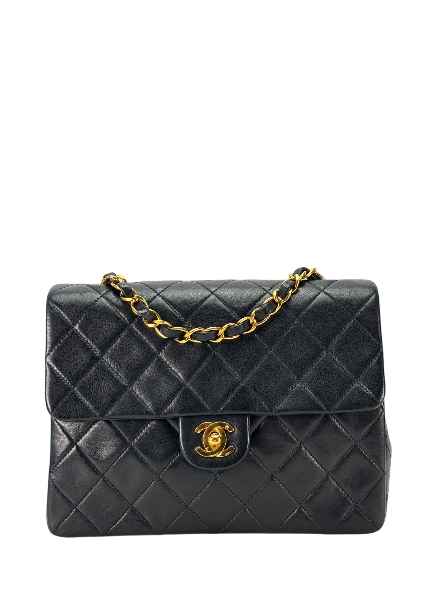 CHANEL - Black Lambskin Mini Classic Square Flap Shoulder Bag 20