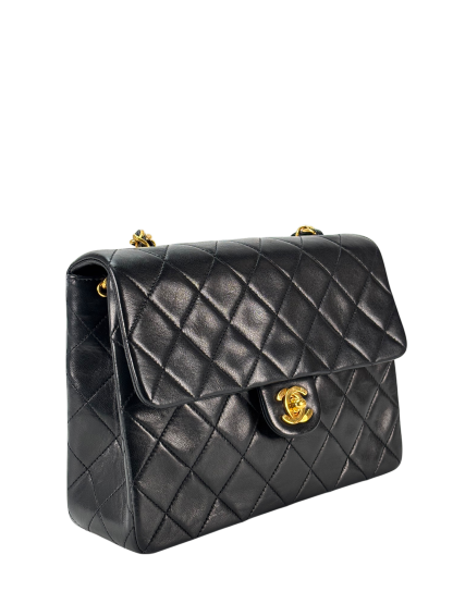 CHANEL - Black Lambskin Mini Classic Square Flap Shoulder Bag 20