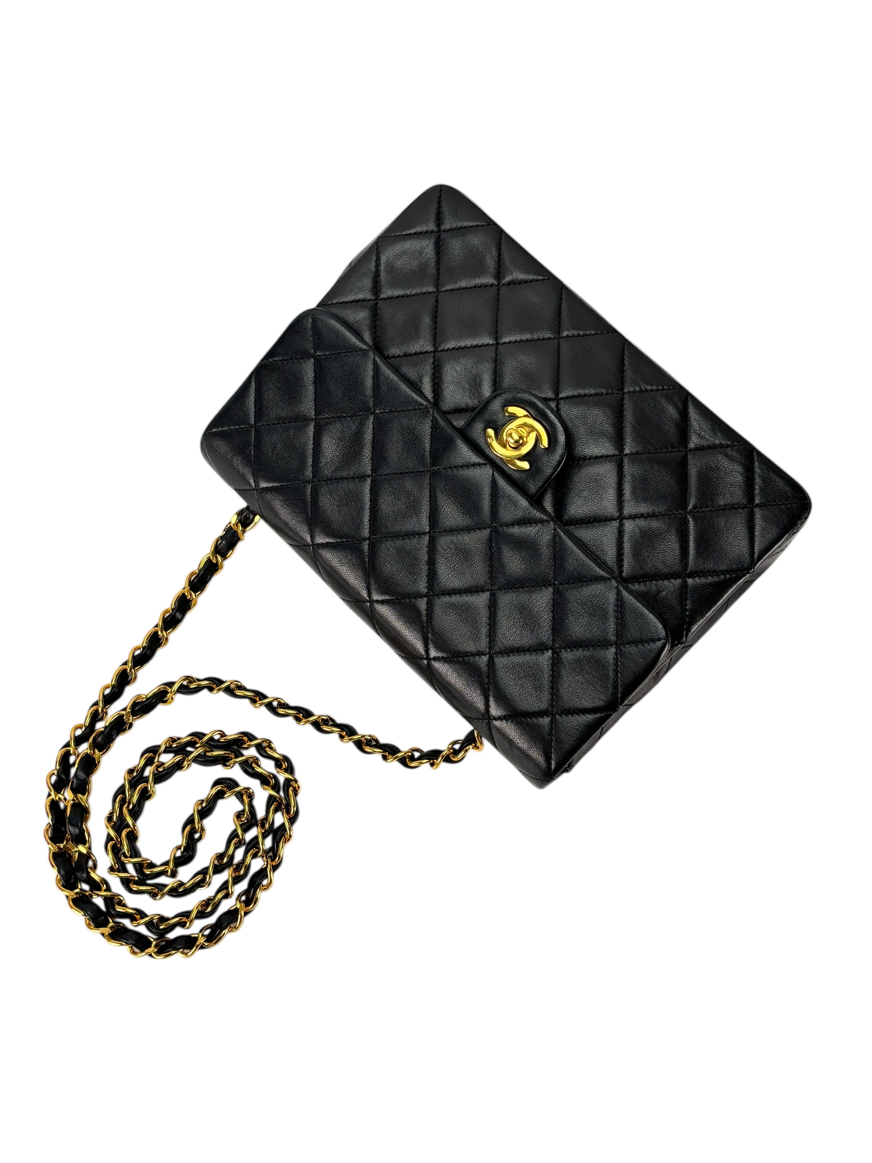 CHANEL - Black Lambskin Mini Classic Square Flap Shoulder Bag 20
