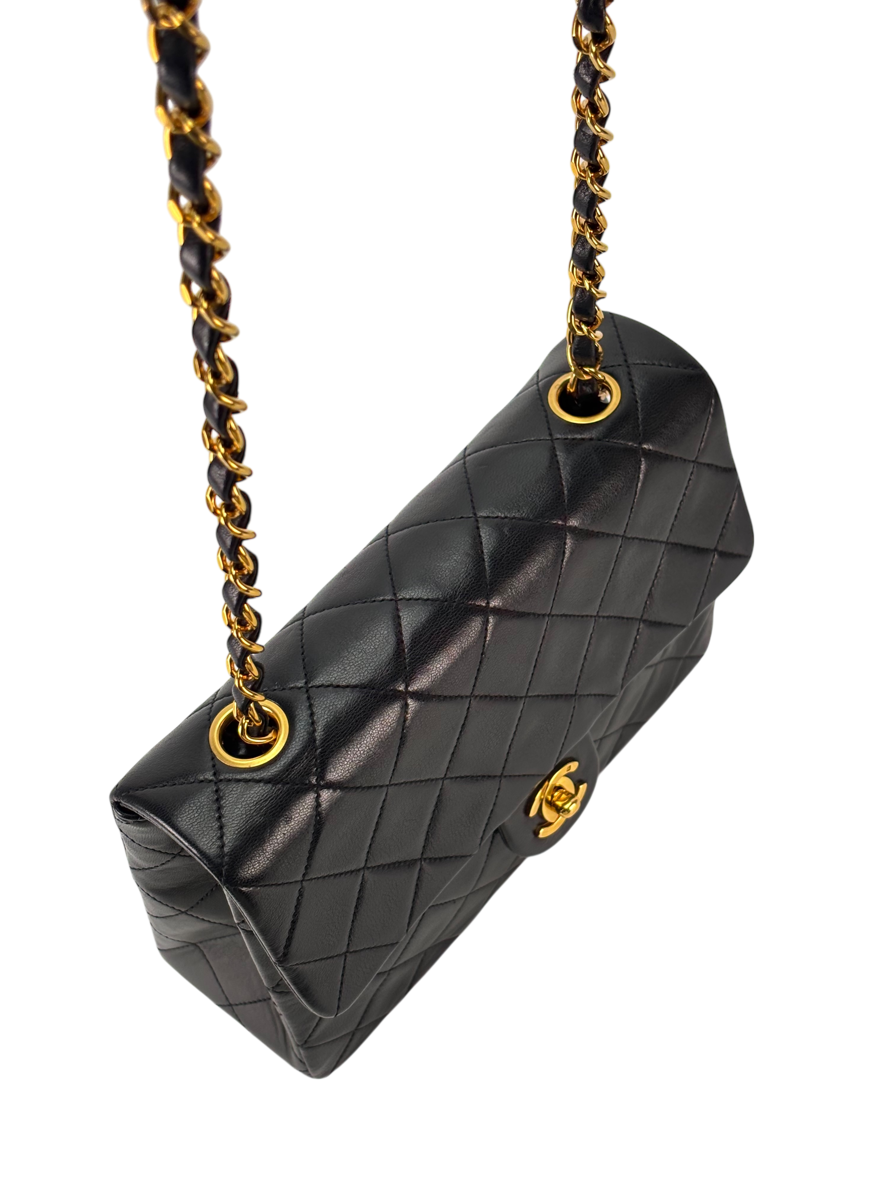 CHANEL - Black Lambskin Mini Classic Square Flap Shoulder Bag 20