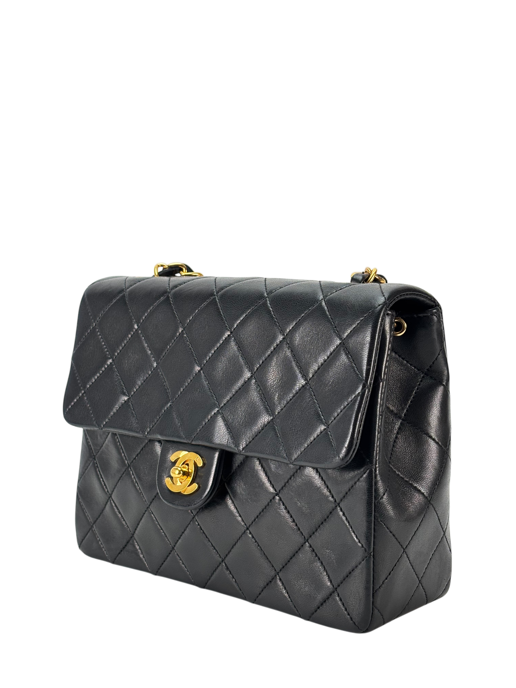 CHANEL - Black Lambskin Mini Classic Square Flap Shoulder Bag 20