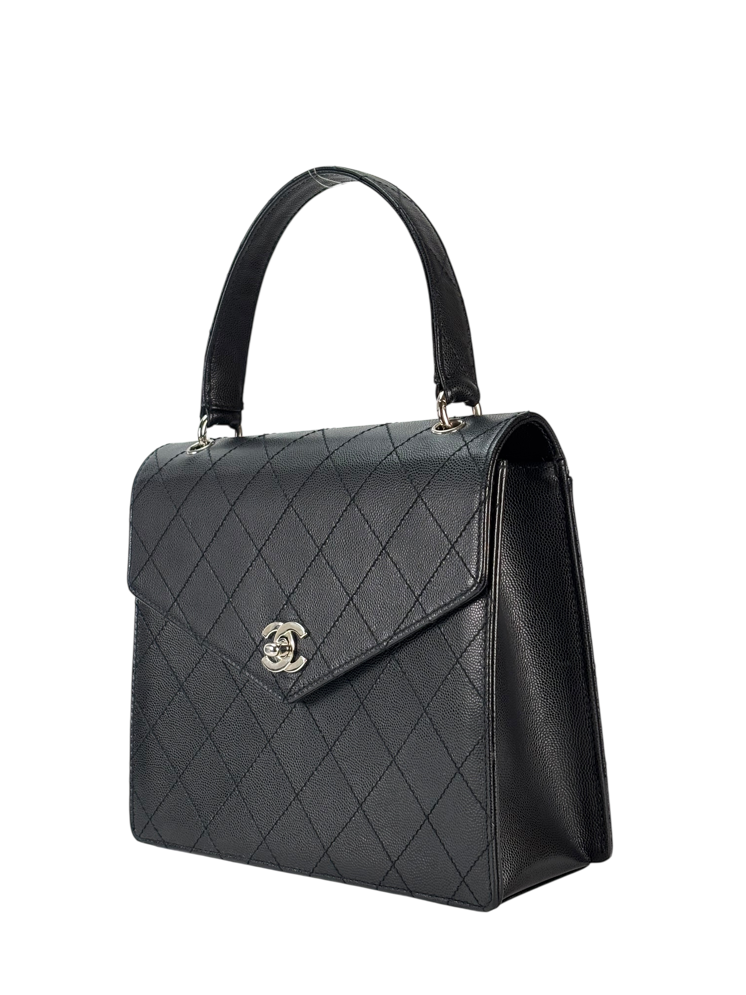 CHANEL - Black Caviar Matelasse Classic Grained Handbag Bag Silver Hardware