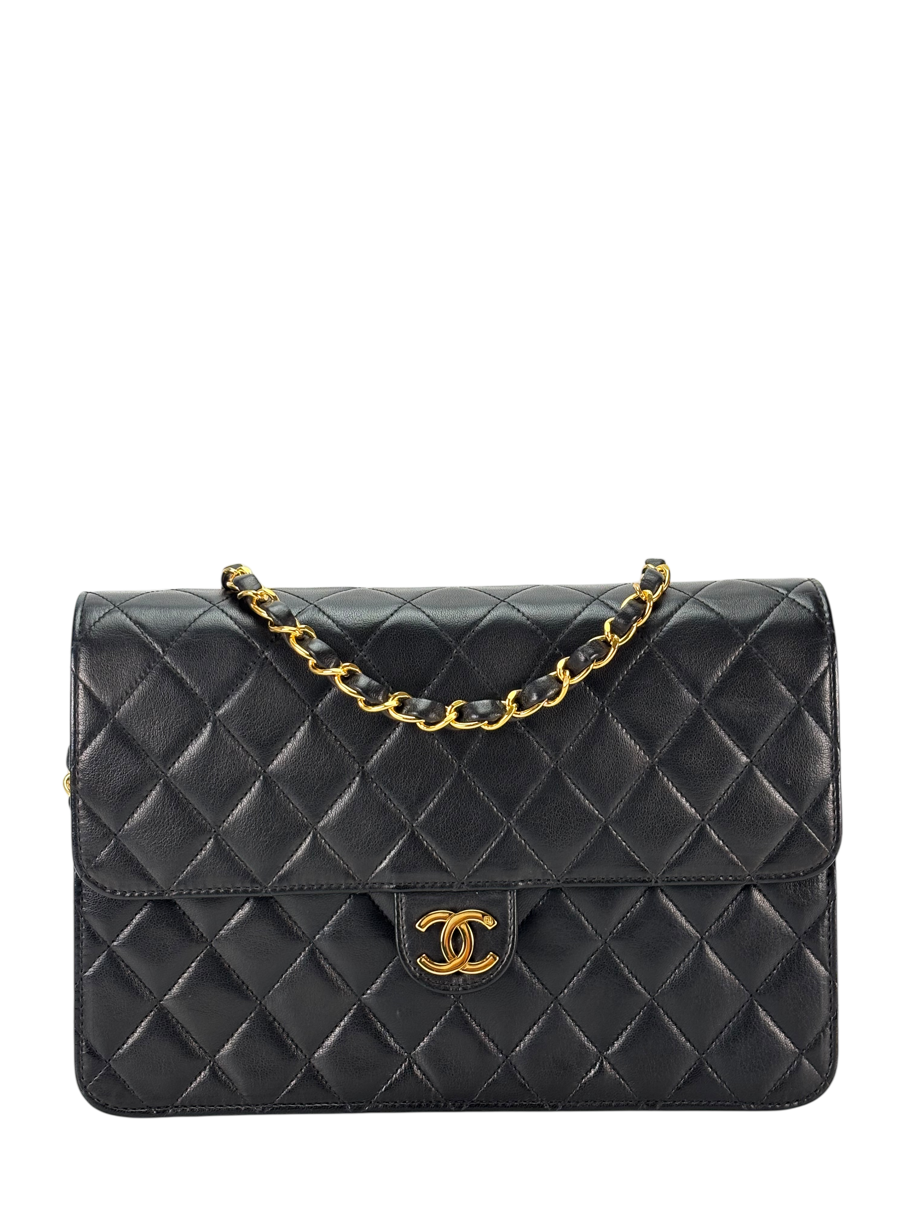 CHANEL - Black Lambskin Turnlock Small Half Flap Shoulder Gold Hardware