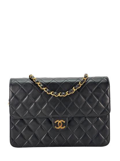CHANEL - Black Lambskin Turnlock Small Half Flap Shoulder Gold Hardware