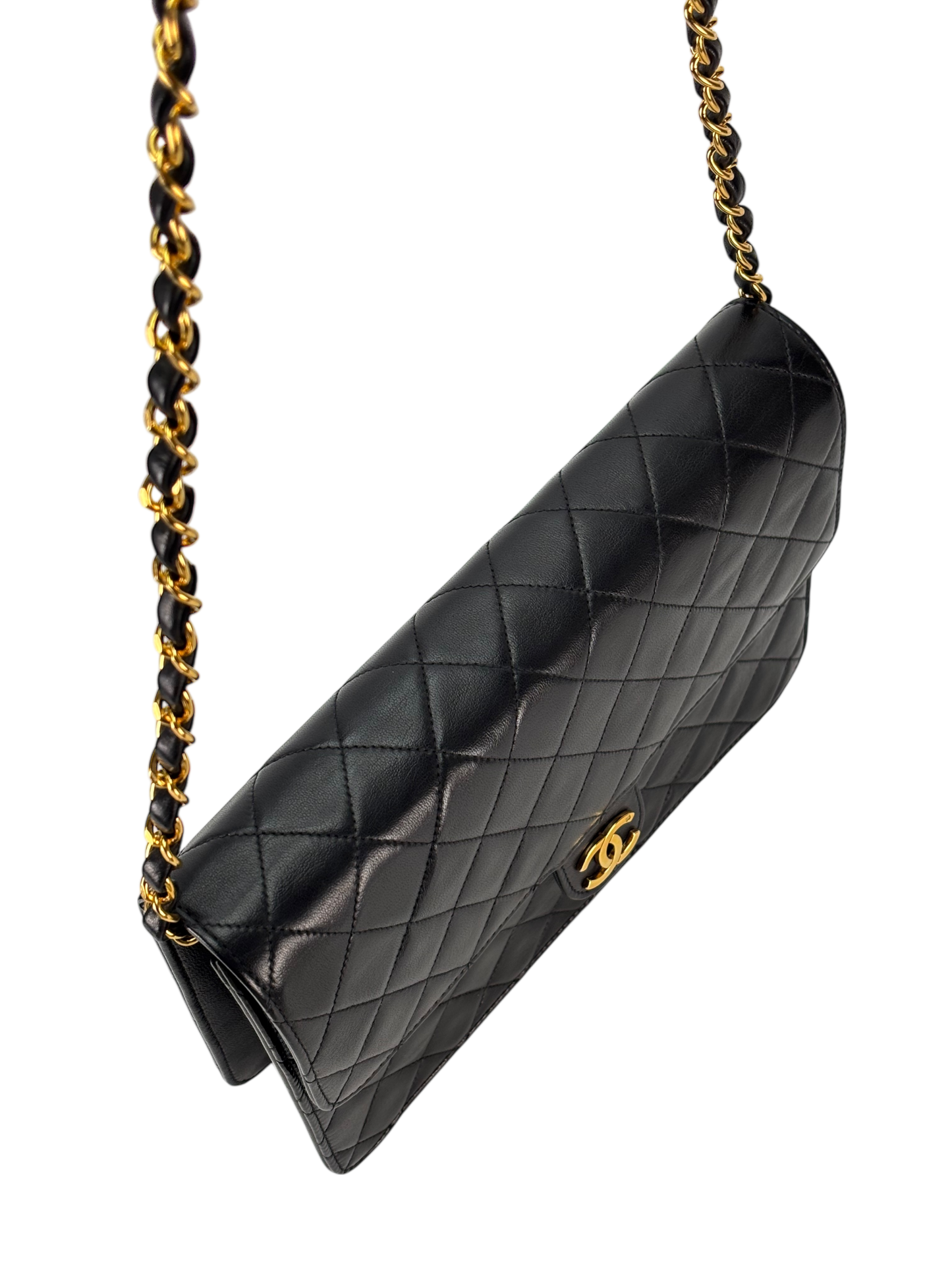 CHANEL - Black Lambskin Turnlock Small Half Flap Shoulder Gold Hardware