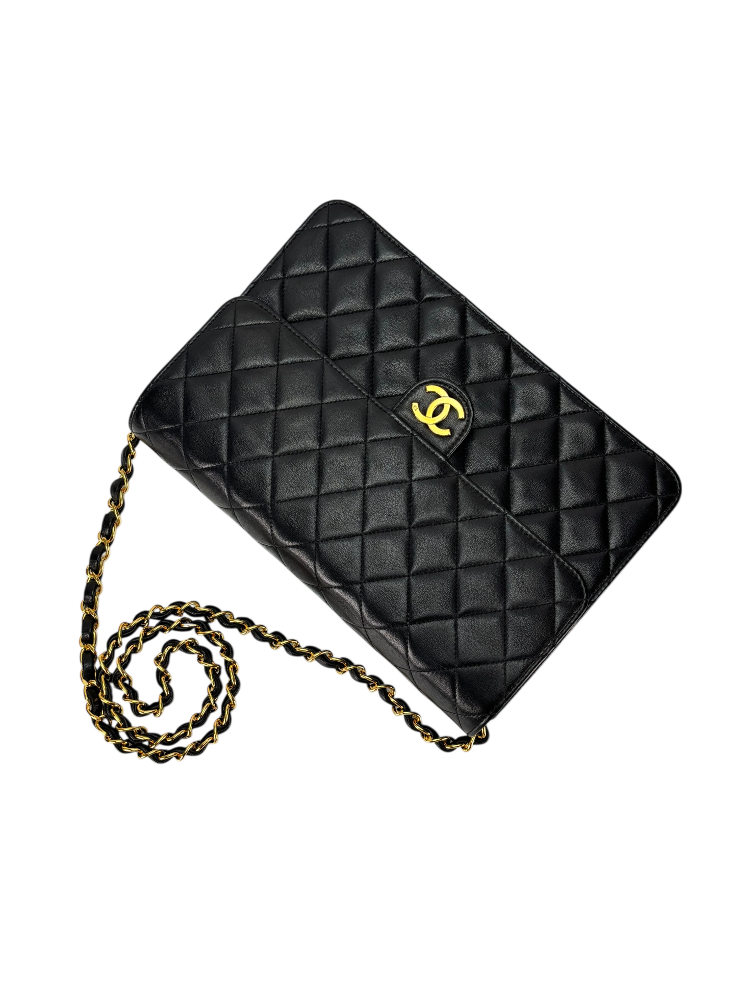 CHANEL - Black Lambskin Turnlock Small Half Flap Shoulder Gold Hardware