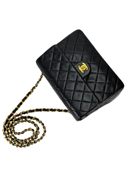 CHANEL - Mini Matlasse 20 Lambskin Single Flap Single Chain Bag Black Gold Hardware