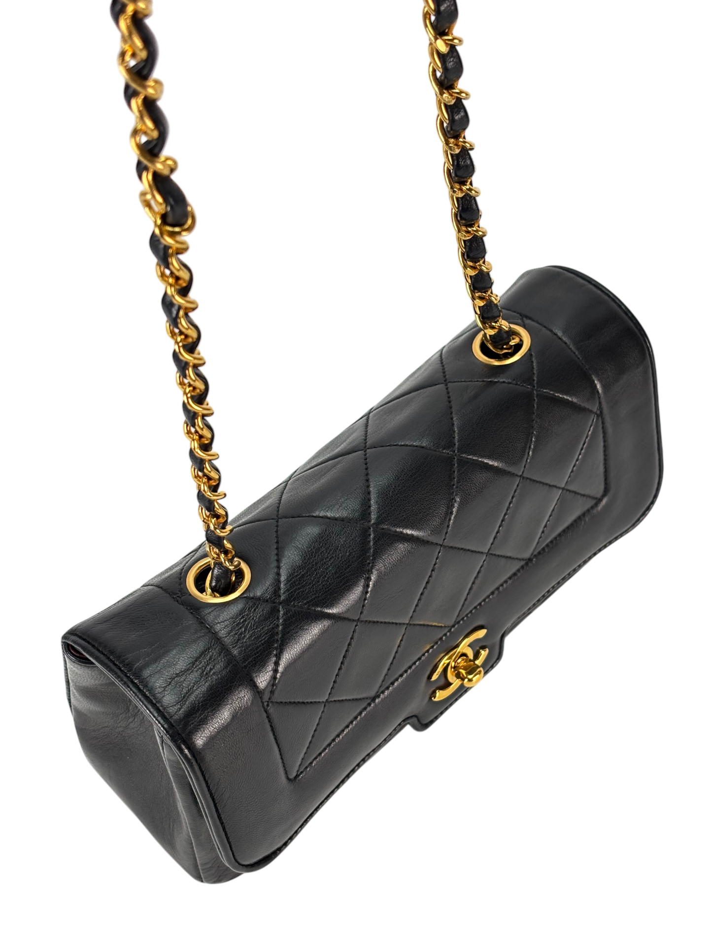 CHANEL - Black Lambskin Matelasse Single Flap Chain Bag Gold Hardware