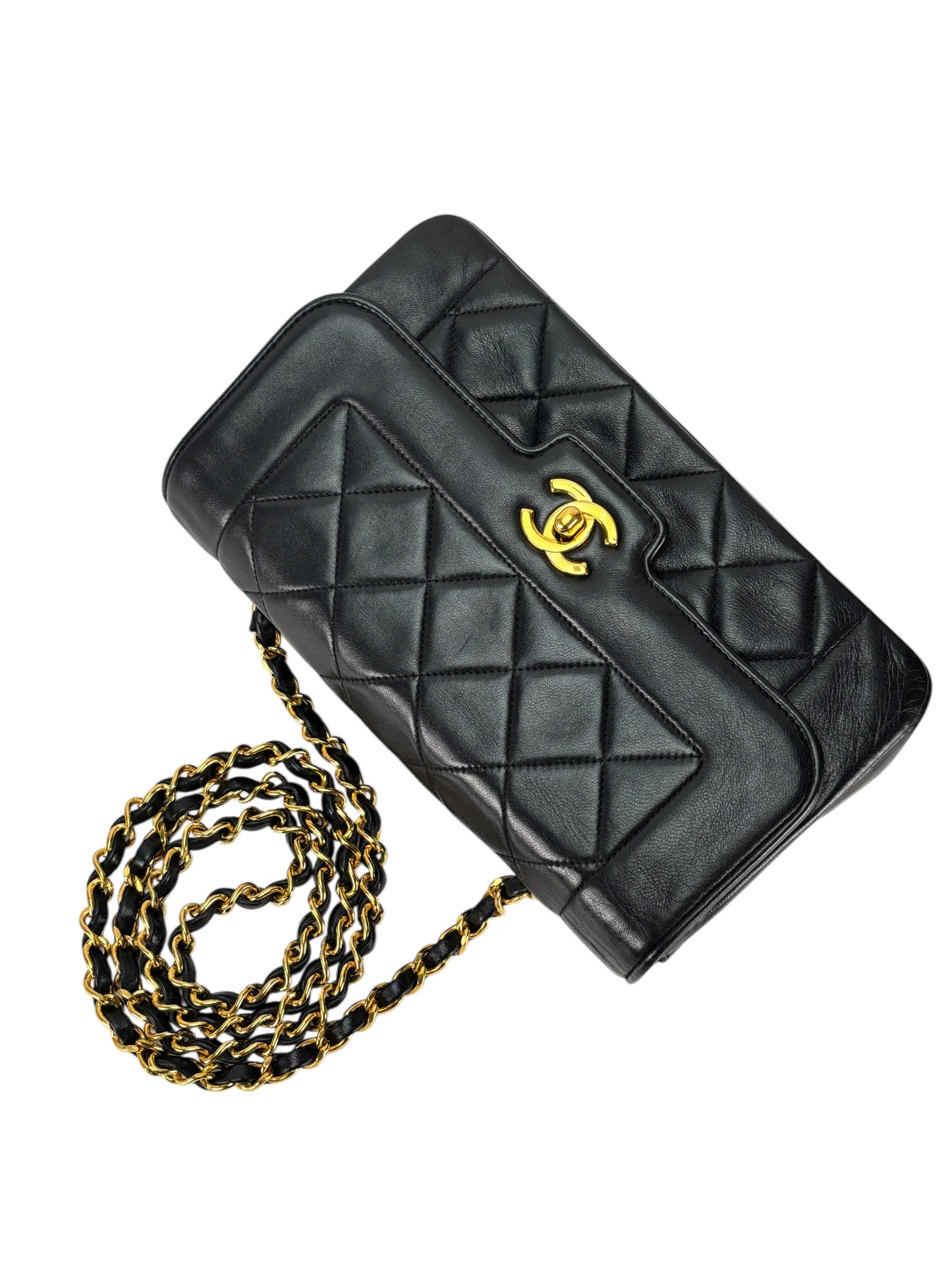 CHANEL - Black Lambskin Matelasse Single Flap Chain Bag Gold Hardware