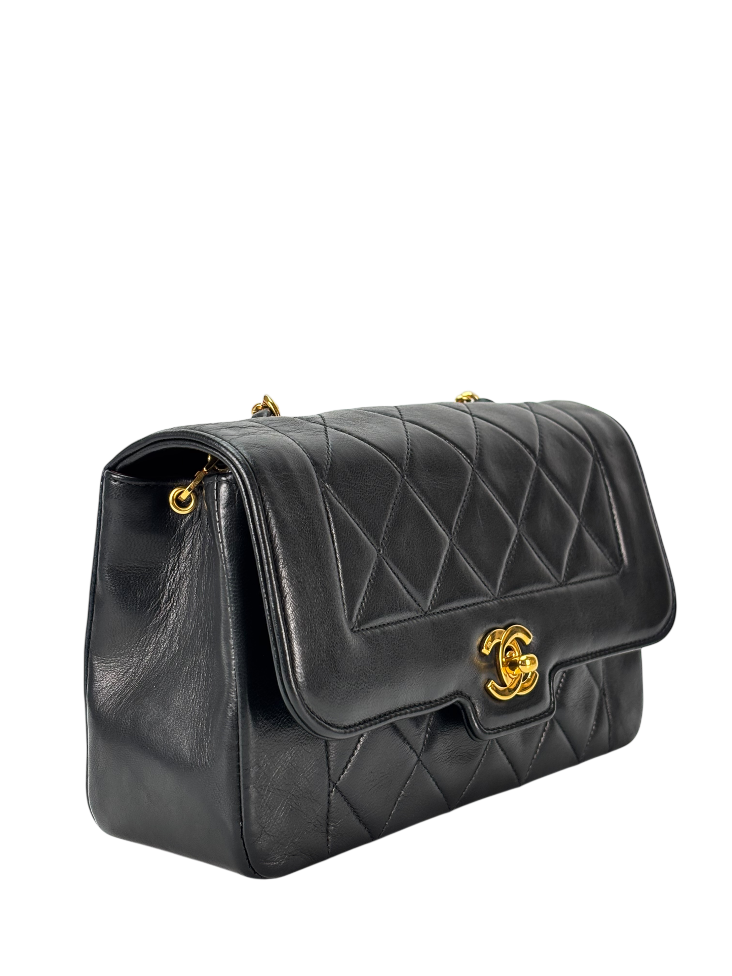 CHANEL - Black Lambskin Matelasse Single Flap Chain Bag Gold Hardware
