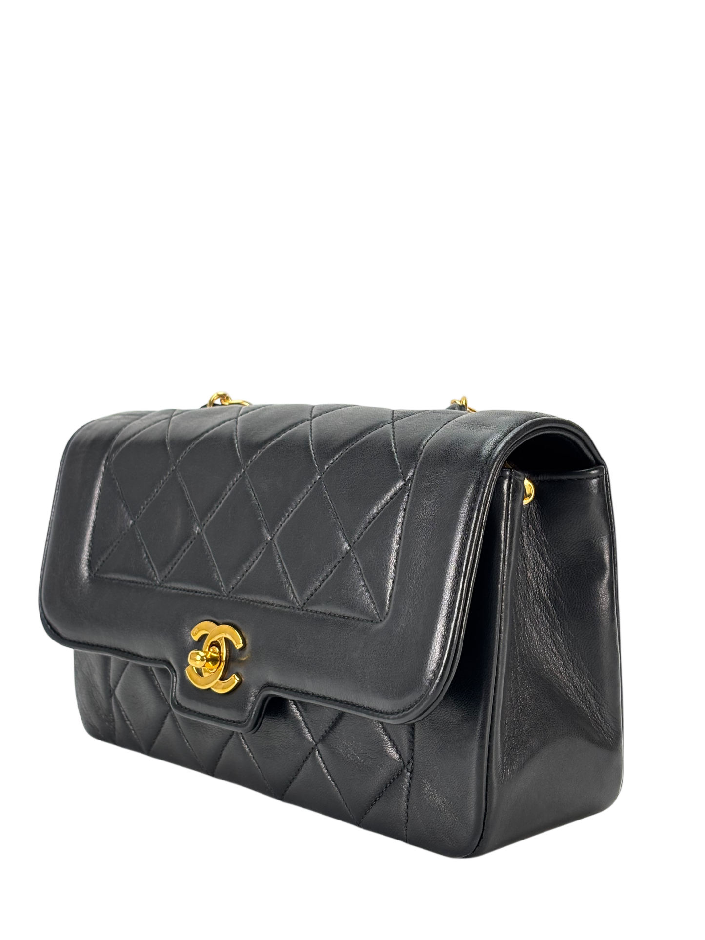 CHANEL - Black Lambskin Matelasse Single Flap Chain Bag Gold Hardware