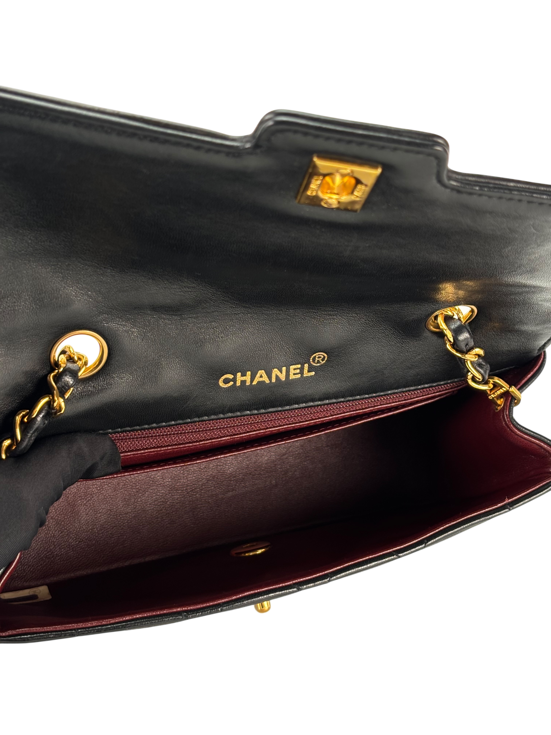 CHANEL - Black Lambskin Matelasse Single Flap Chain Bag Gold Hardware