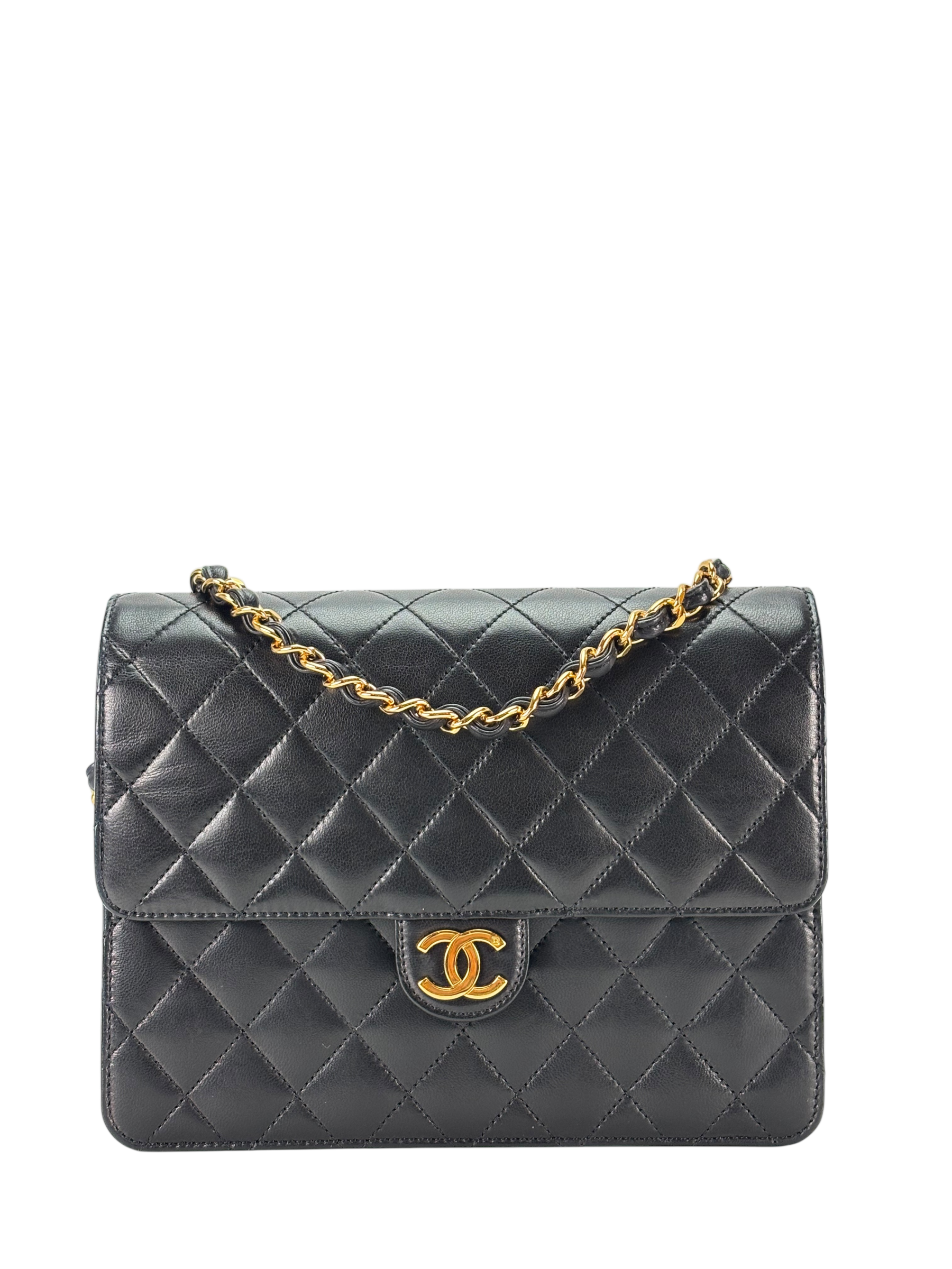 CHANEL - Black Lambskin Matelasse Pushlock Chain Shoulder Bag