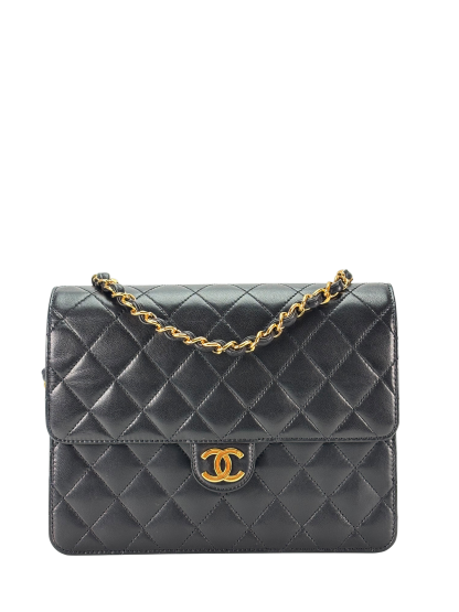 CHANEL - Black Lambskin Matelasse Pushlock Chain Shoulder Bag