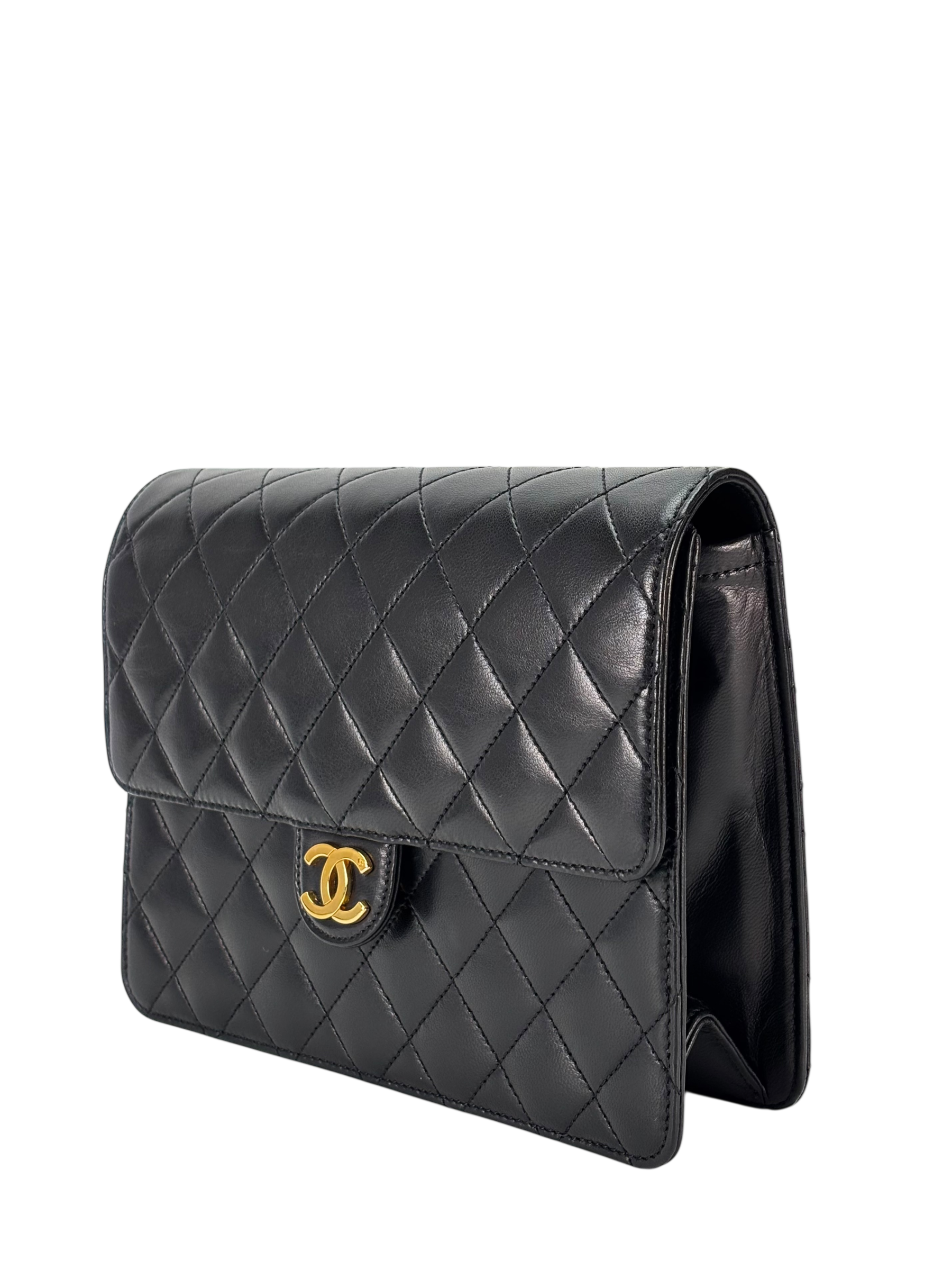 CHANEL - Black Lambskin Matelasse Pushlock Chain Shoulder Bag