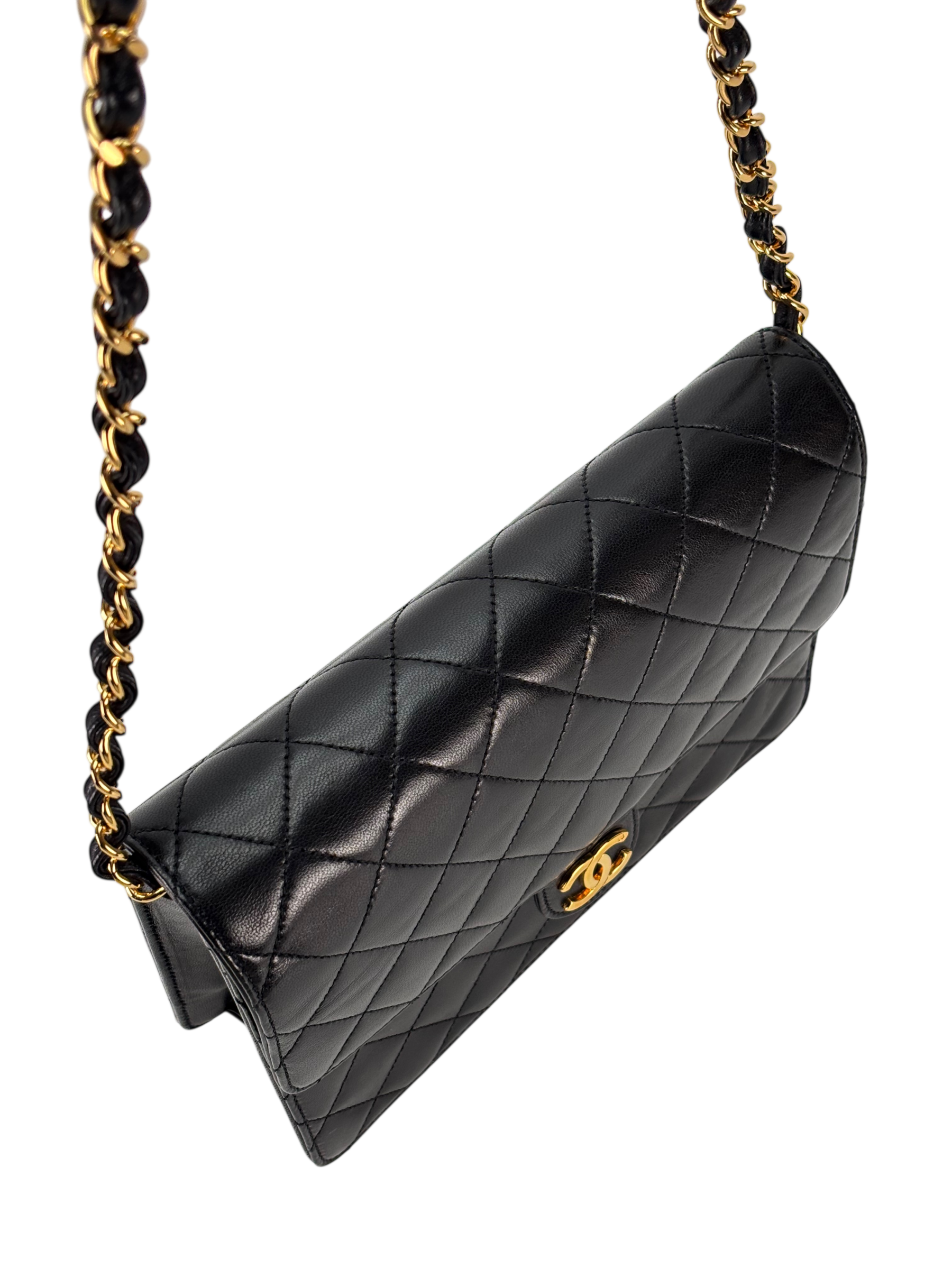 CHANEL - Black Lambskin Matelasse Pushlock Chain Shoulder Bag