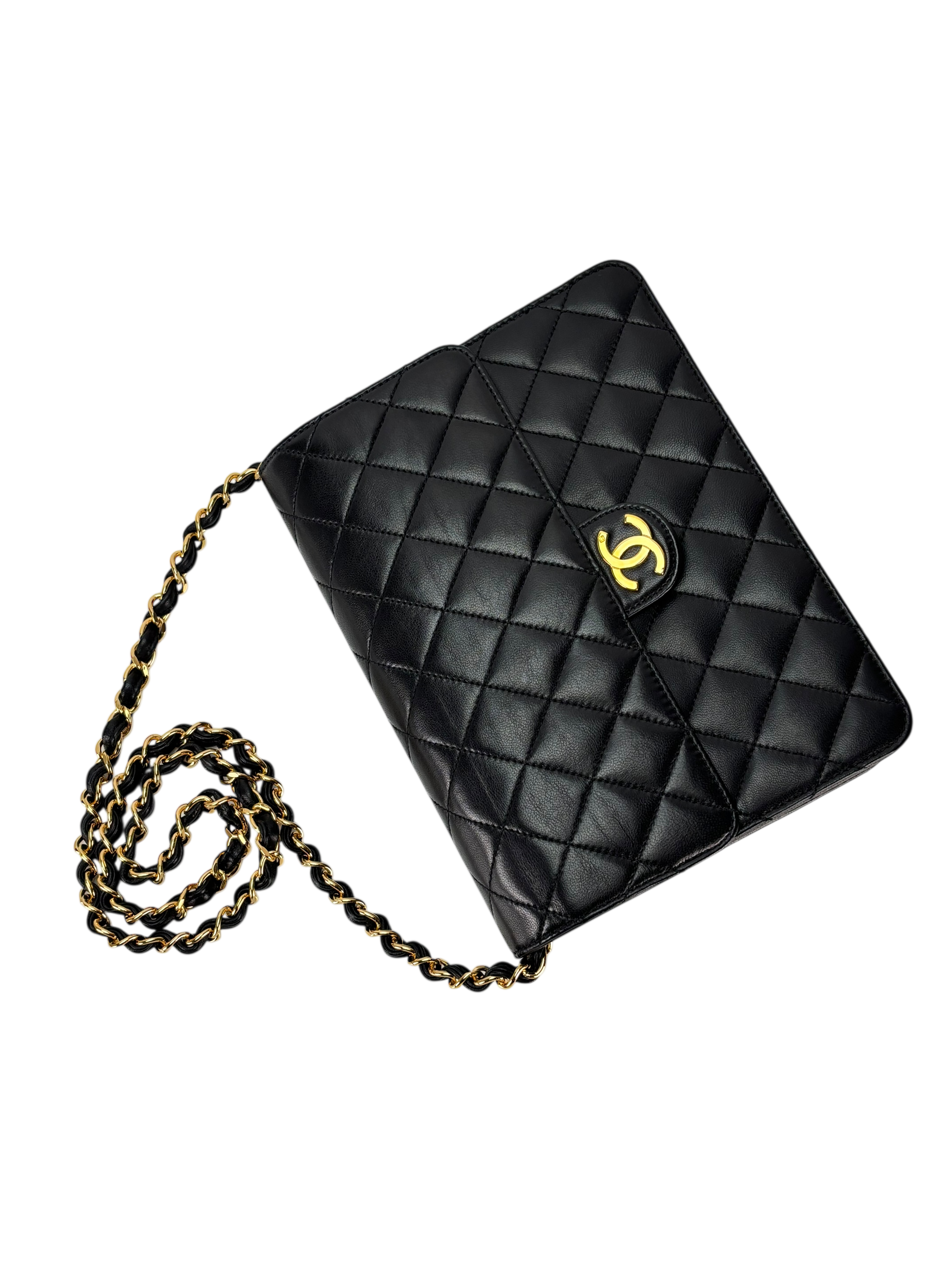CHANEL - Black Lambskin Matelasse Pushlock Chain Shoulder Bag